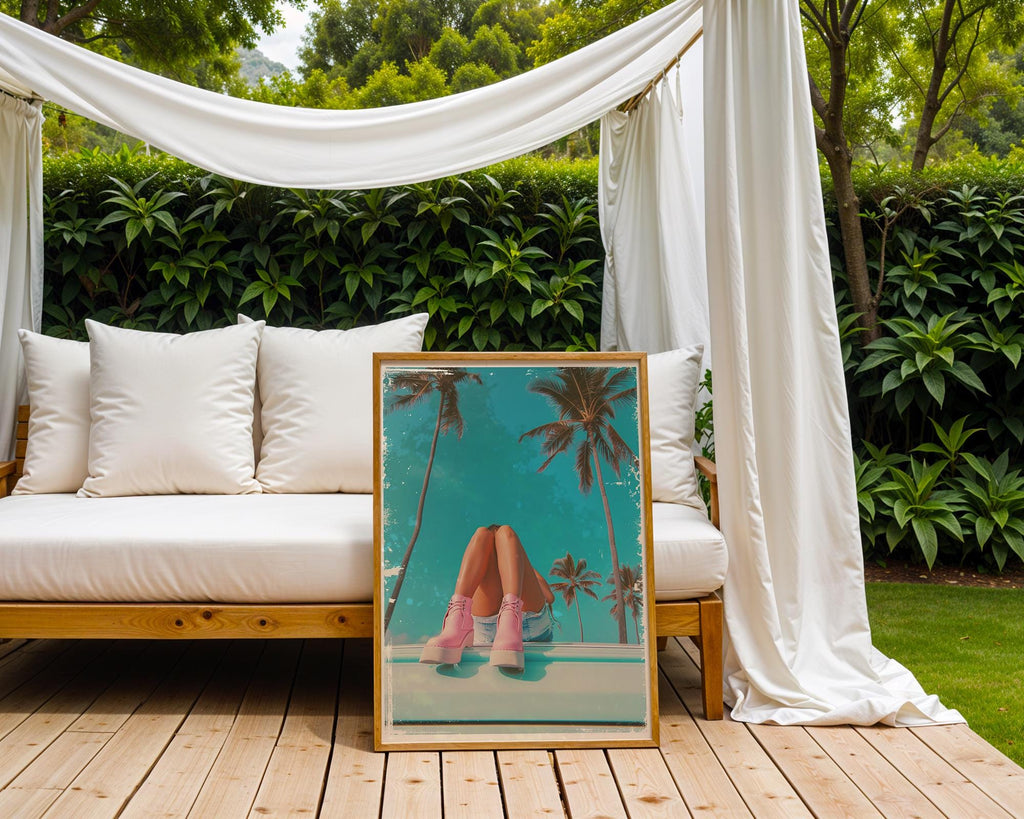 Colourful Prints | Pink Boots & Palms Print | Retro Coastal Wall Art wall art print, modern home decor, unframed artwork by Nomad & Nest