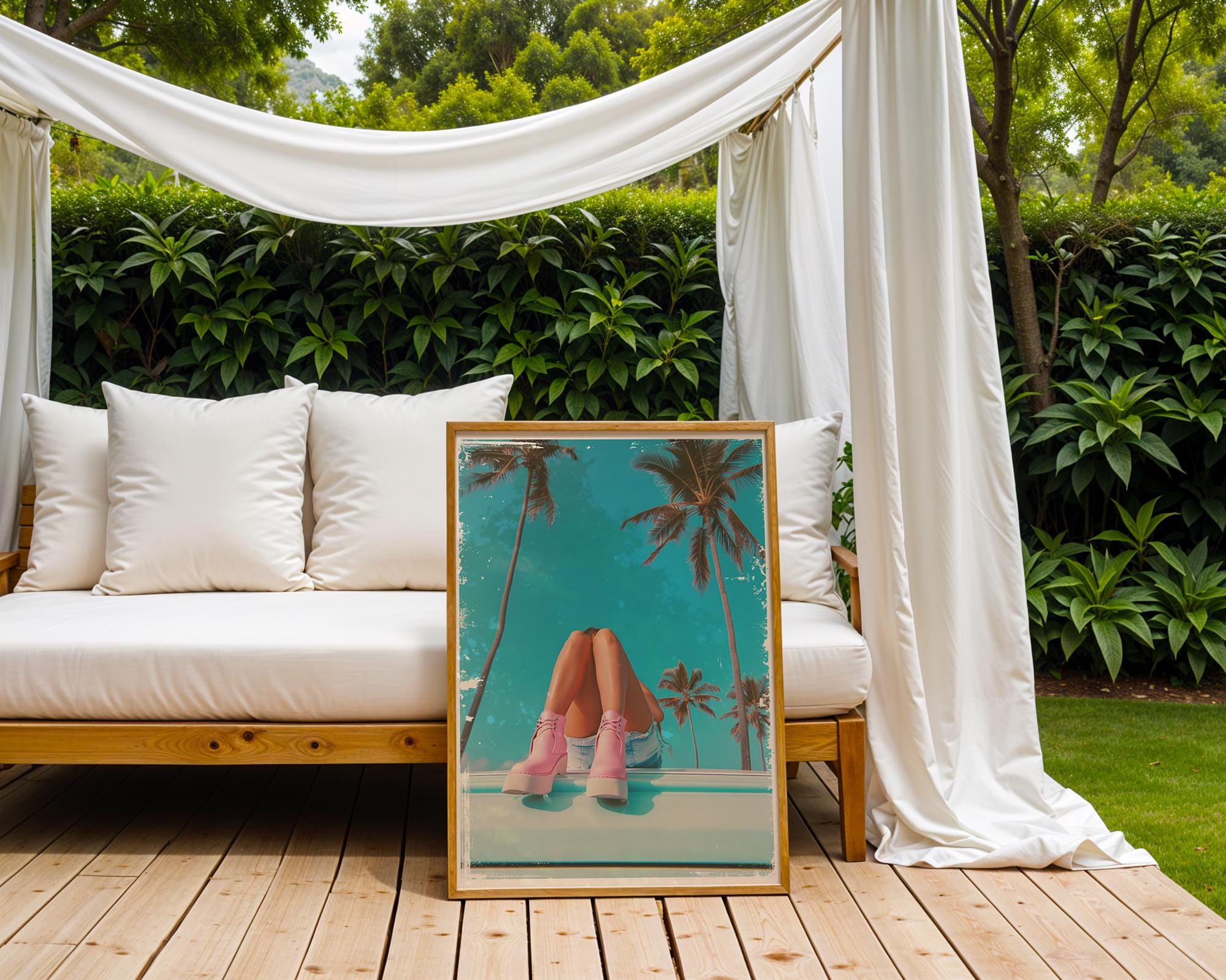 Colourful Prints | Pink Boots & Palms Print | Retro Coastal Wall Art wall art print, modern home decor, unframed artwork by Nomad & Nest