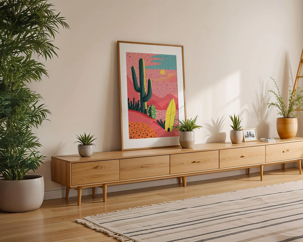Modern Pop Art | Retro Desert  Print | Cactus & Surfboard Illustration wall art print, modern home decor, unframed artwork by Nomad & Nest