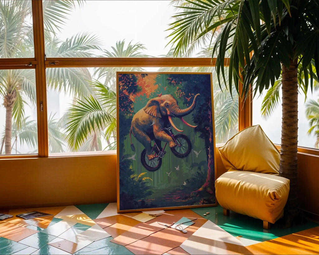 Elephant on Bicycle Print | Whimsical Jungle Animal Art wall art print, modern home decor, unframed artwork by Nomad & Nest
