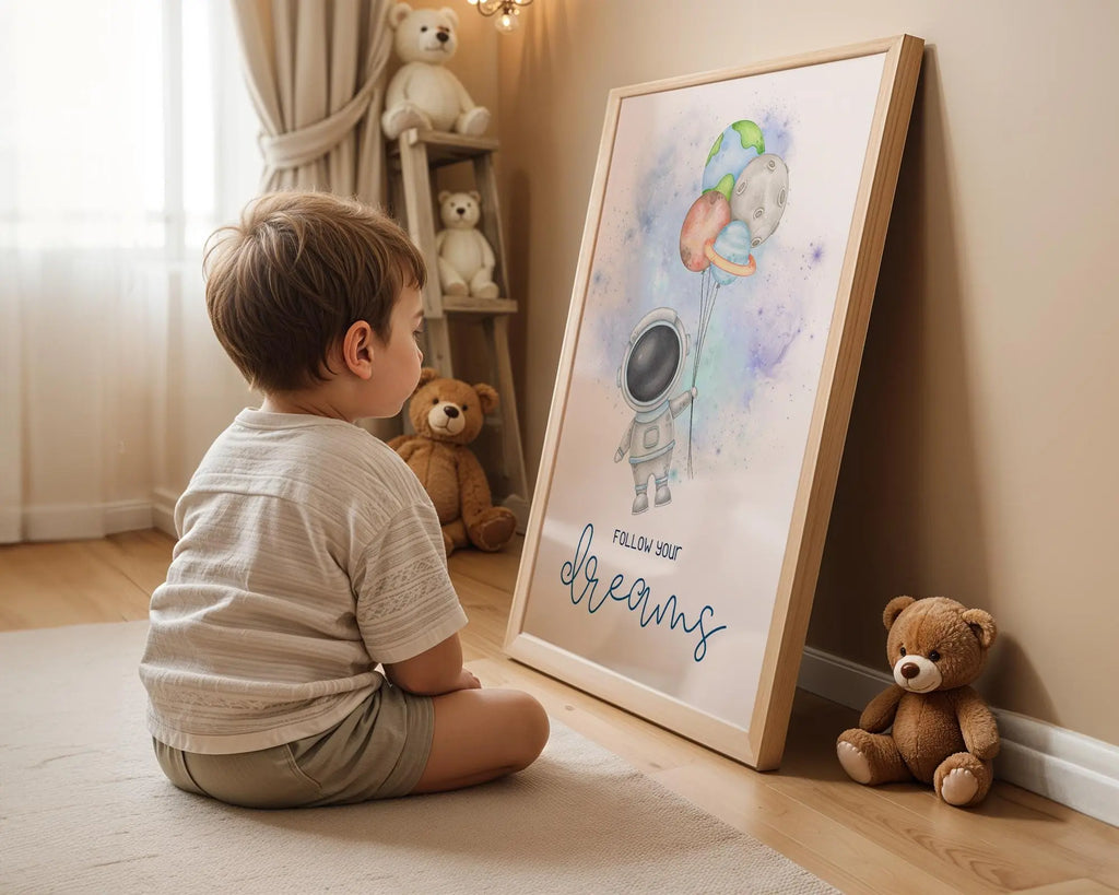 Playroom Ideas | Astronaut Nursery Print | Follow Dreams Space Wall Art wall art print, modern home decor, unframed artwork by Nomad & Nest