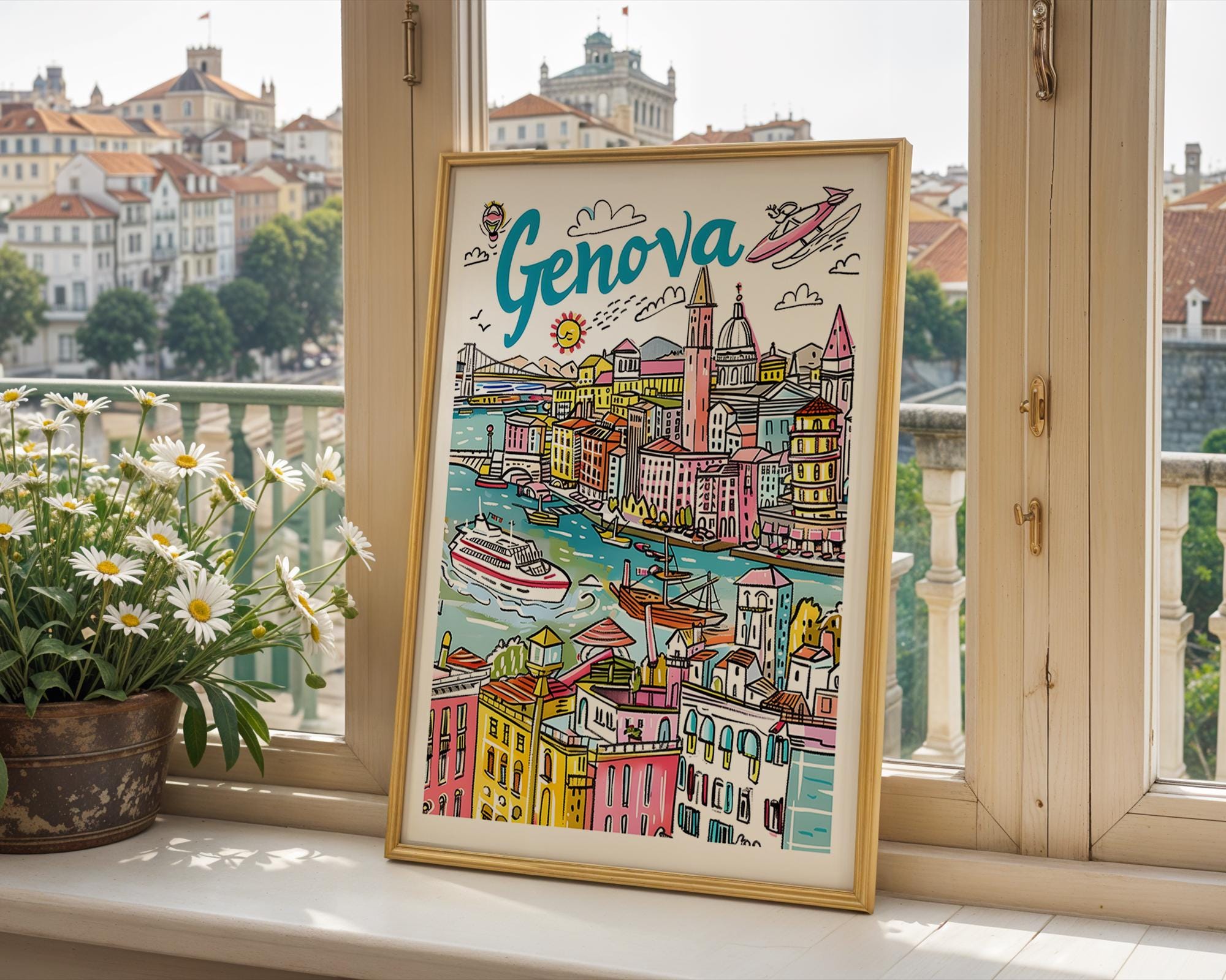 Genova Italy Travel Poster | Colorful Italian Riviera Wall Art wall art print, modern home decor, unframed artwork by Nomad & Nest