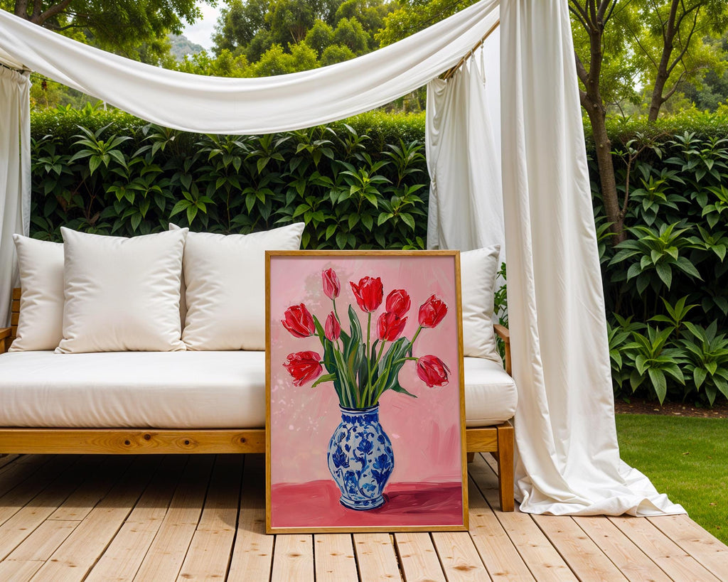 Colourful Prints | Red Tulips Print | Pink Botanical Art, Blue Vase Poster wall art print, modern home decor, unframed artwork by Nomad & Nest