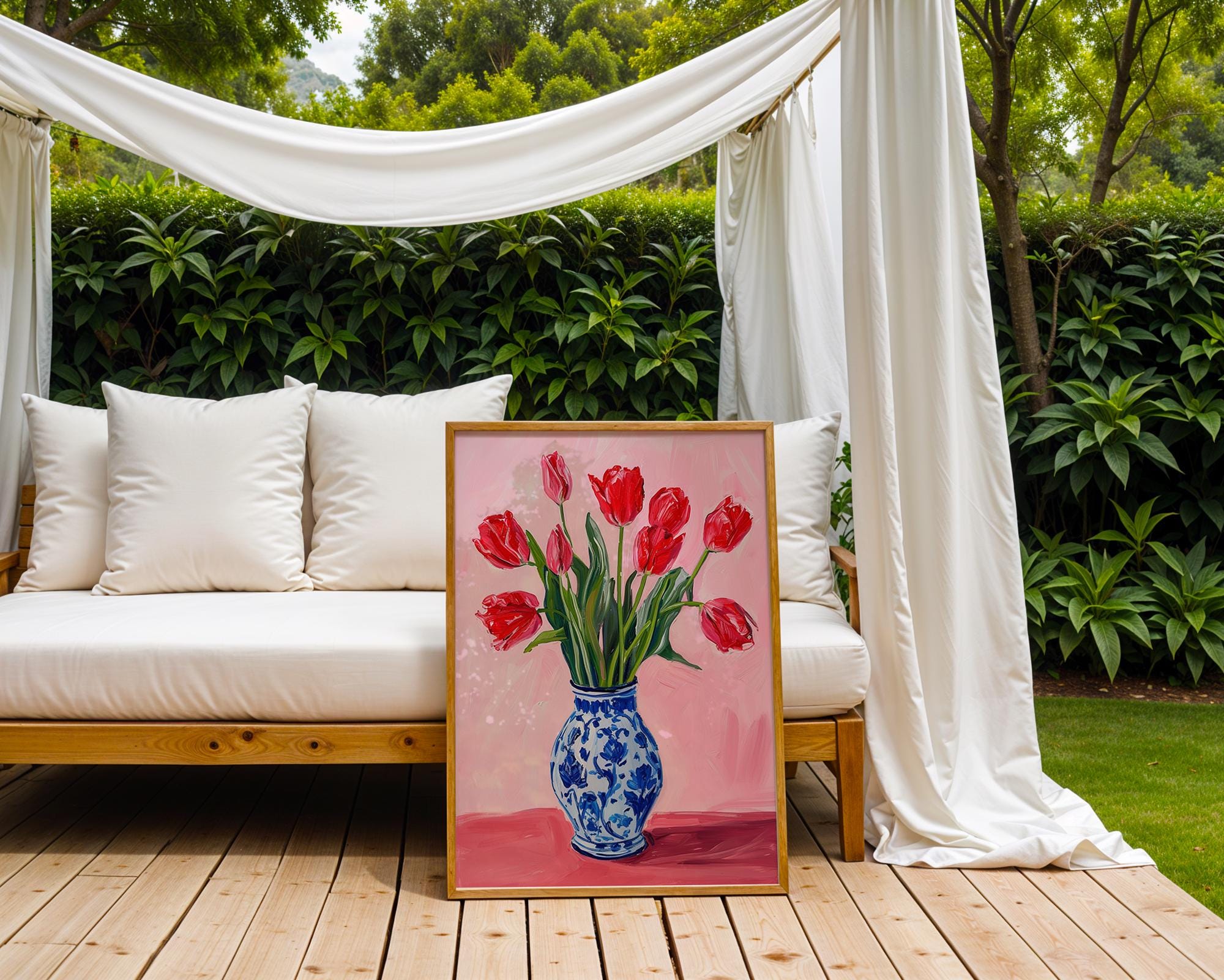 Colourful Prints | Red Tulips Print | Pink Botanical Art, Blue Vase Poster wall art print, modern home decor, unframed artwork by Nomad & Nest