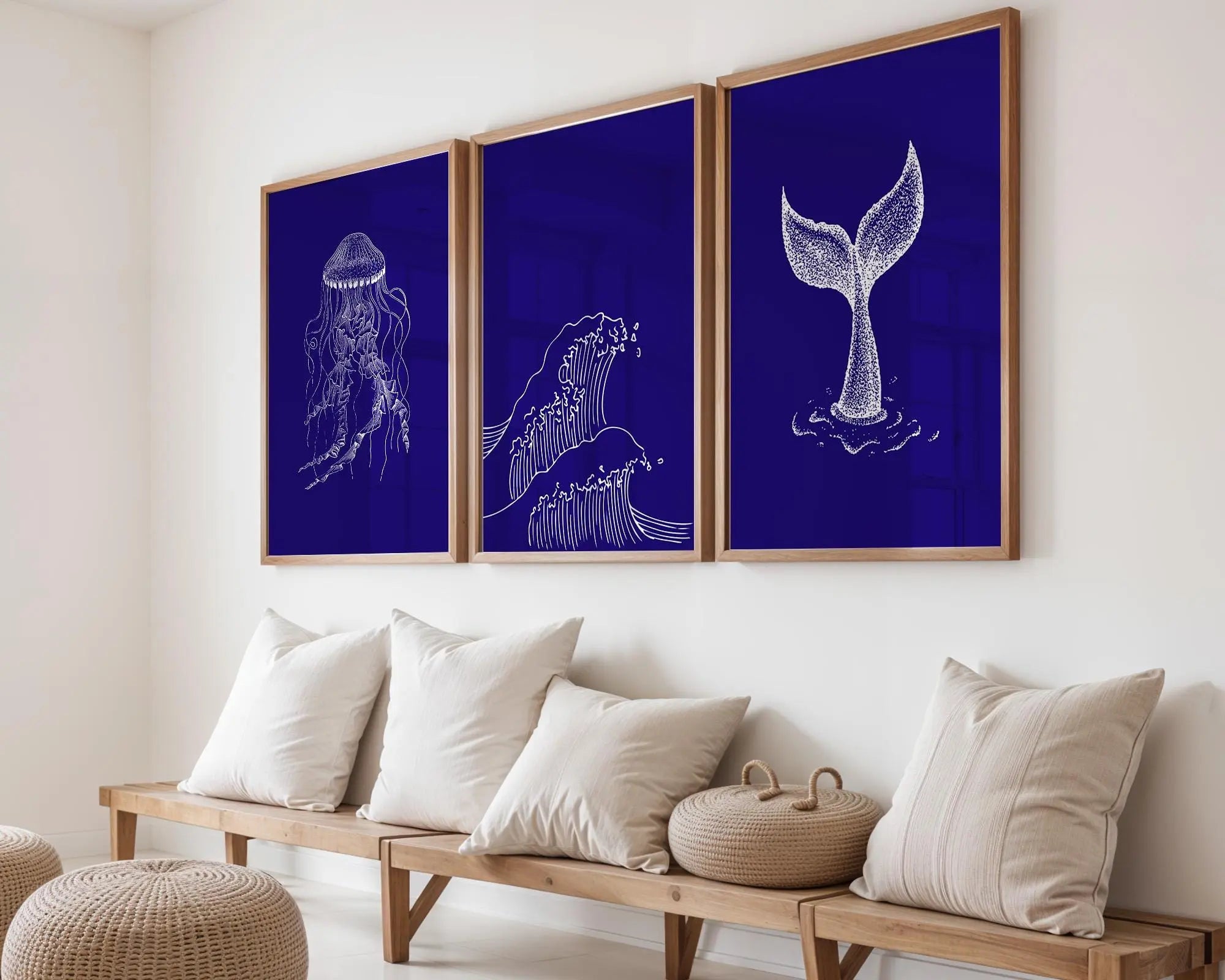 Colourful Prints | Navy Coastal Line Art Print Set | Jellyfish, Whale Tail, Wave wall art print, modern home decor, unframed artwork by Nomad & Nest