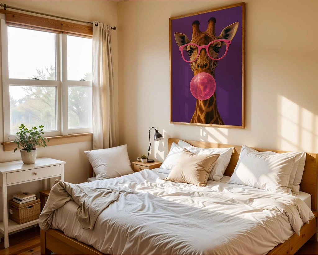 Colourful Prints | Giraffe Bubblegum Print | Funky Animal Art with Pink Glasses wall art print, modern home decor, unframed artwork by Nomad & Nest