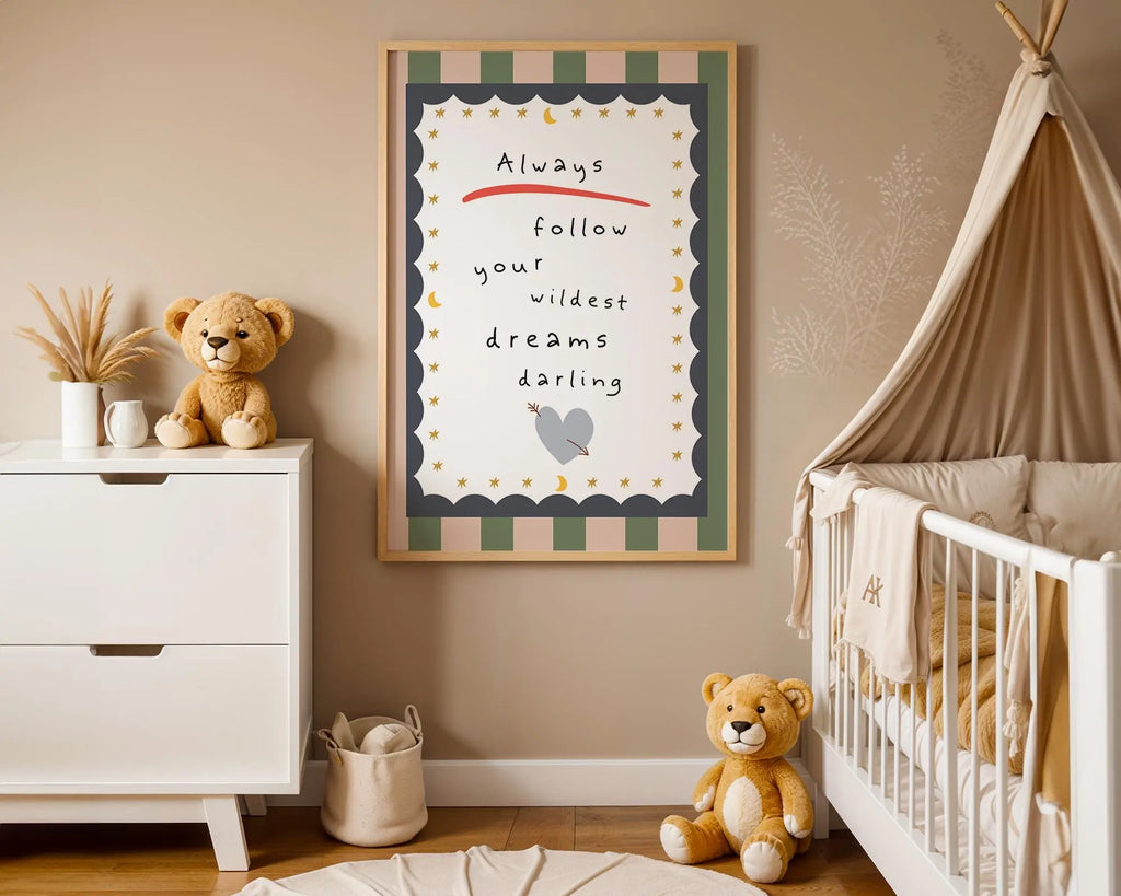 Playroom Ideas | Follow Your Wildest Dreams Nursery Wall Art | Moon Quote Print wall art print, modern home decor, unframed artwork by Nomad & Nest