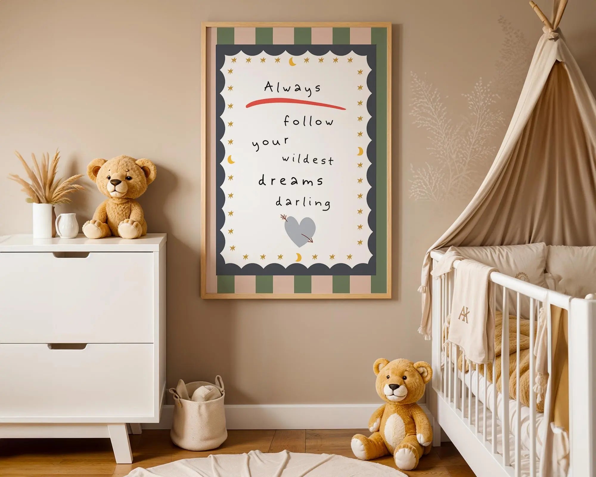 Playroom Ideas | Follow Your Wildest Dreams Nursery Wall Art | Moon Quote Print wall art print, modern home decor, unframed artwork by Nomad & Nest