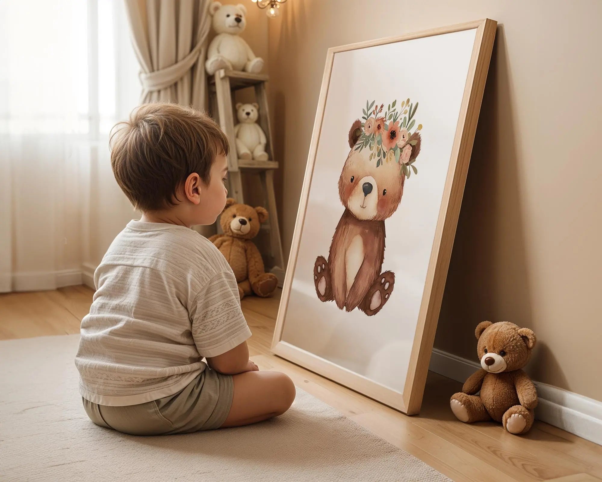 Playroom Ideas | Boho Bear Nursery Wall Art | Flower Crown Animal Baby Decor wall art print, modern home decor, unframed artwork by Nomad & Nest