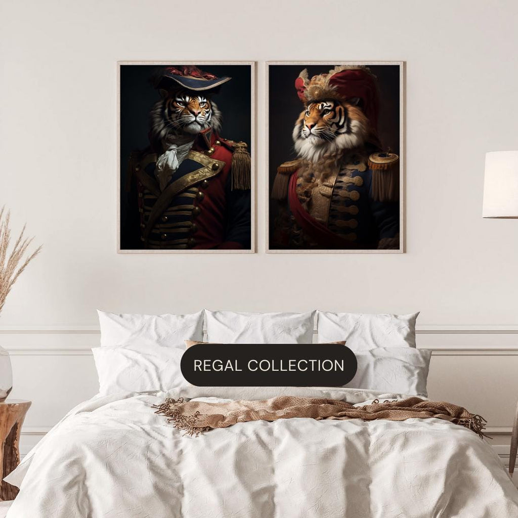 Regal Tiger Portrait – Golden Embroidered Coat, Animal Wall Art wall art print, modern home decor, unframed artwork by Nomad & Nest