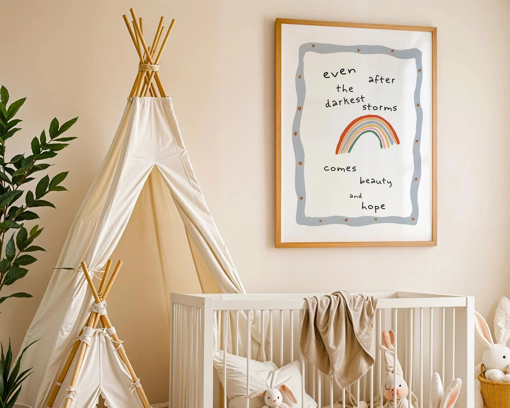Playroom Ideas | After Darkest Storms Nursery Wall Art | Rainbow Quote Print wall art print, modern home decor, unframed artwork by Nomad & Nest