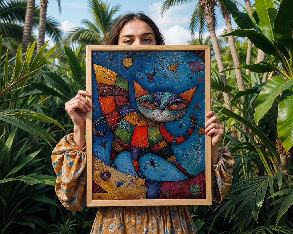 Abstract Cat Art Print | Colourful Geometric Feline Home Decor wall art print, modern home decor, unframed artwork by Nomad & Nest