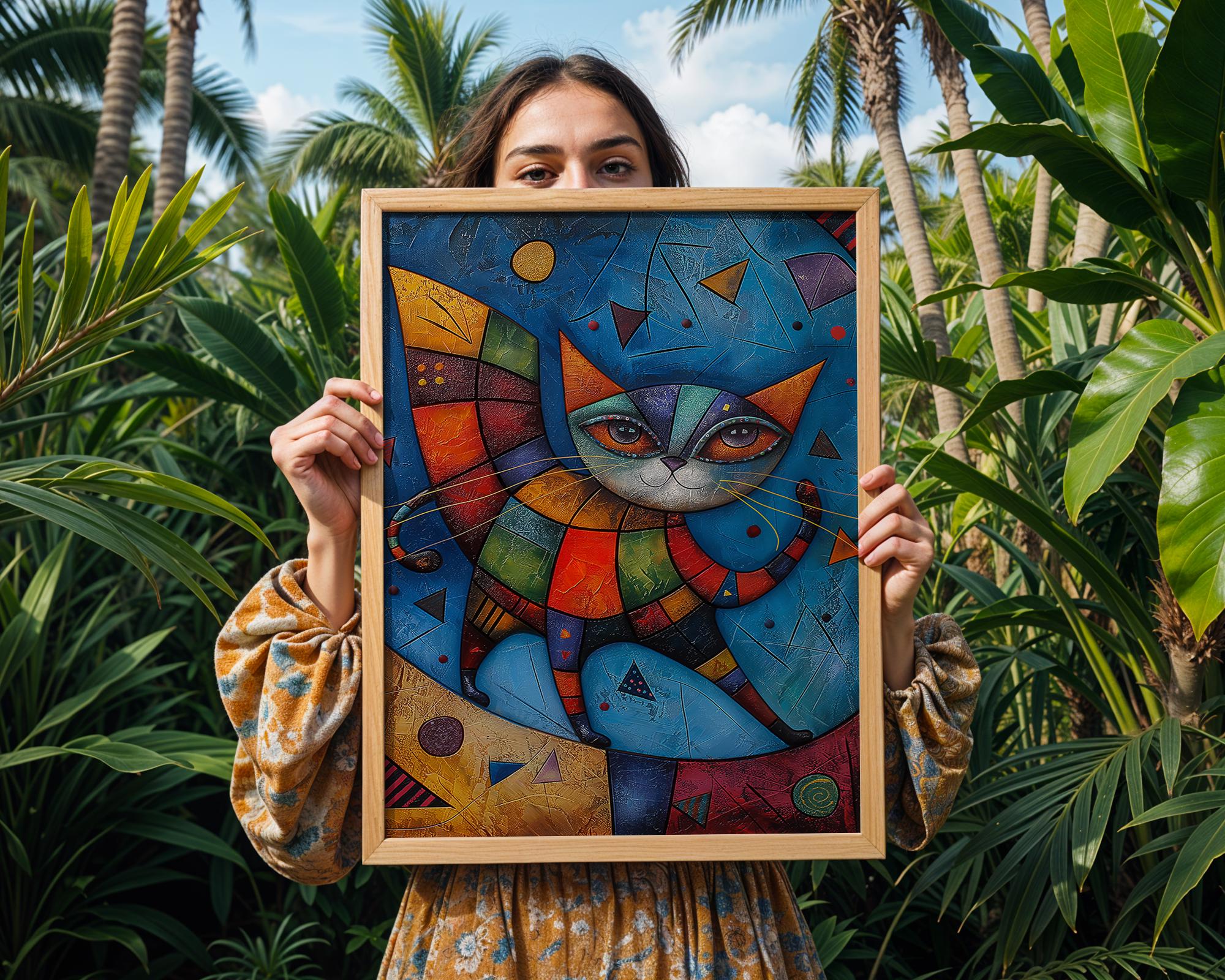 Abstract Cat Art Print | Colourful Geometric Feline Home Decor wall art print, modern home decor, unframed artwork by Nomad & Nest