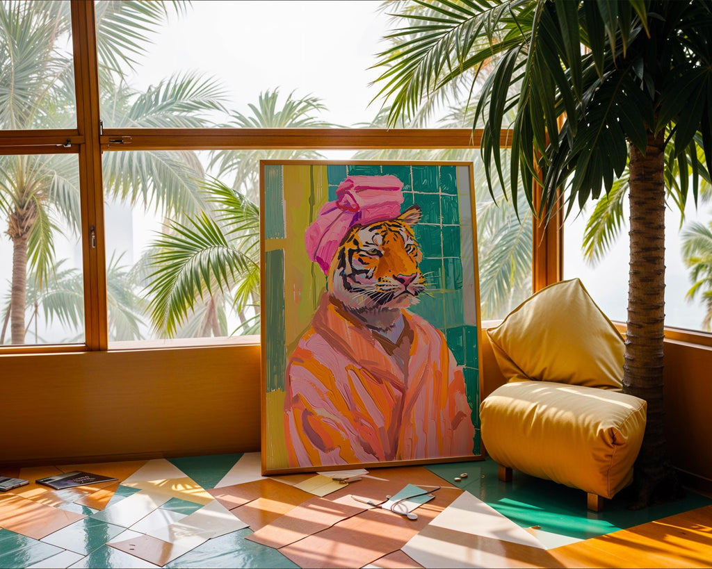 Colourful Prints | Tiger in Bathrobe Art Print | Funny Bathroom Animal Poster wall art print, modern home decor, unframed artwork by Nomad & Nest