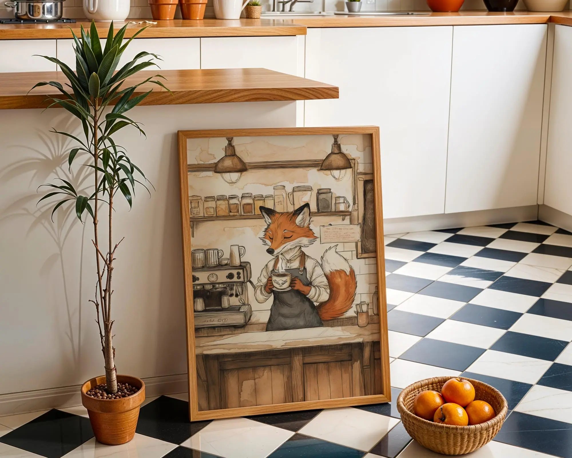 Fox Barista Kitchen Print | Whimsical Animal Wall Art wall art print, modern home decor, unframed artwork by Nomad & Nest