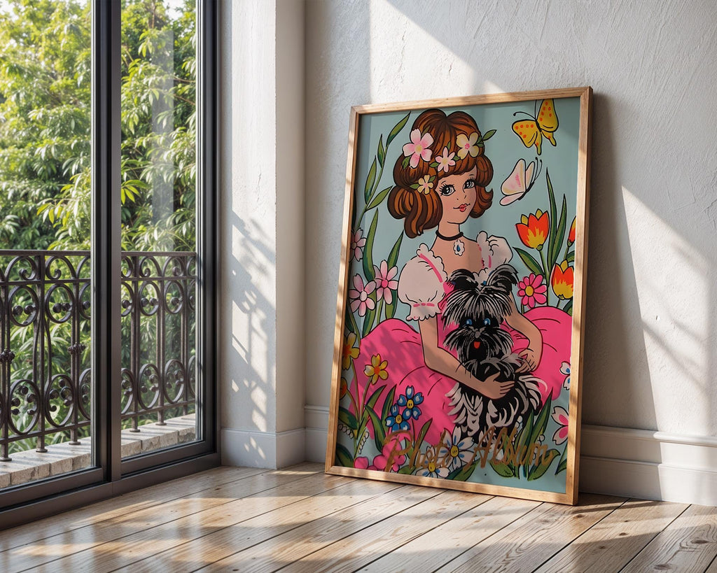 Girl and Dog Art Print | 70s Floral Illustration, Kawaii Home Decor wall art print, modern home decor, unframed artwork by Nomad & Nest