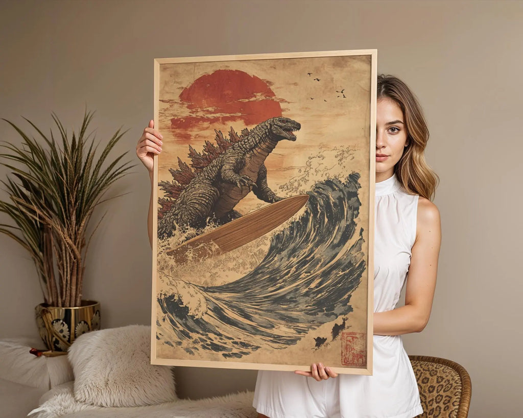 Japanese Poster | Godzilla Surfing Ukiyo-e Wave Art Print –  Kaiju wall art print, modern home decor, unframed artwork by Nomad & Nest