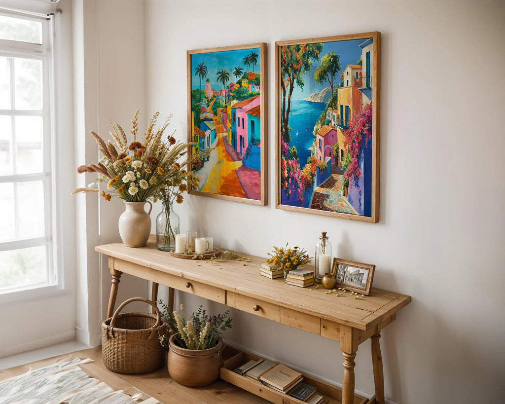 Colourful Prints | Mediterranean Seaside Village Prints Set | Coastal Travel Art wall art print, modern home decor, unframed artwork by Nomad & Nest