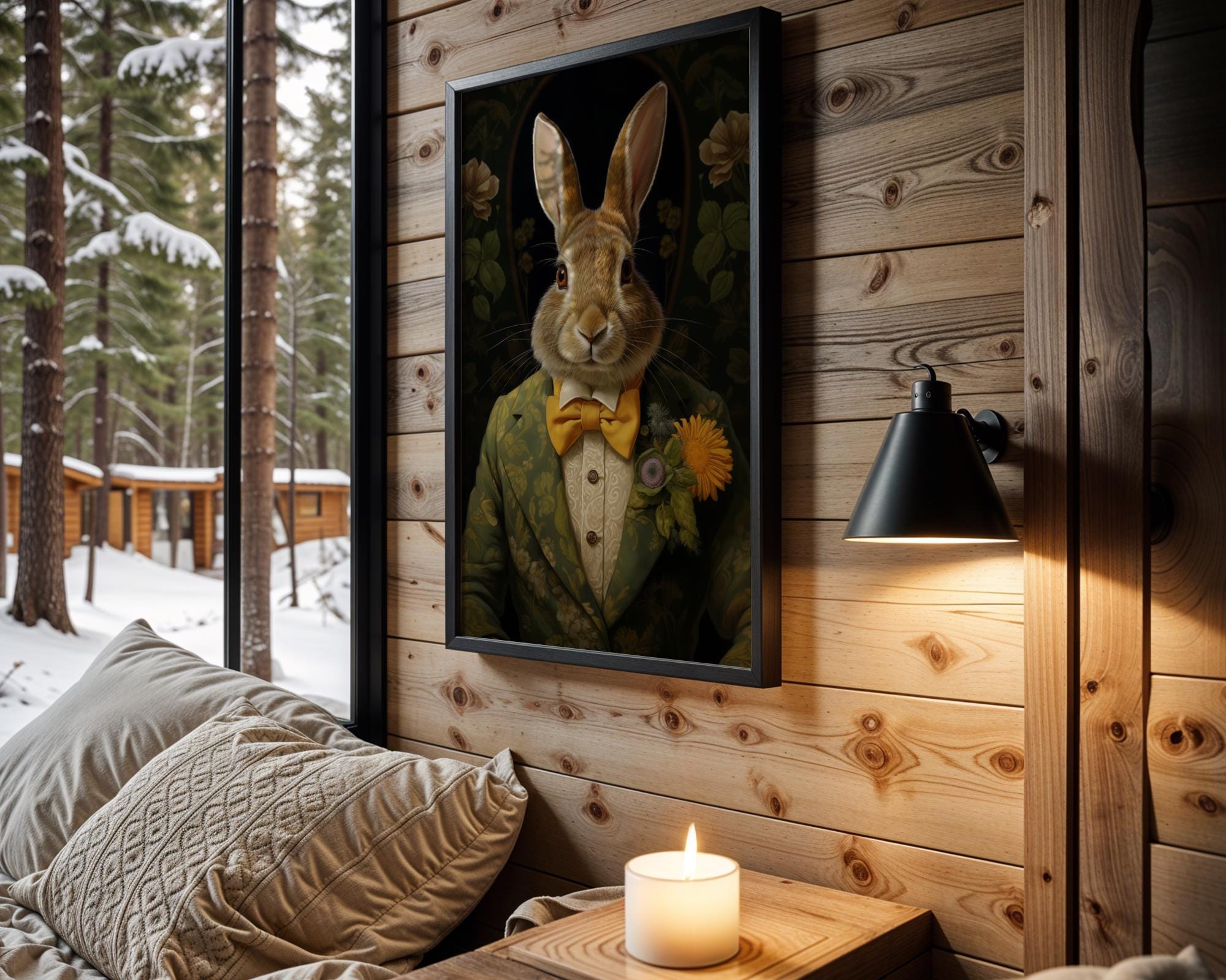 Dapper Rabbit Art Print – Whimsical Animal Portrait in Floral Suit wall art print, modern home decor, unframed artwork by Nomad & Nest