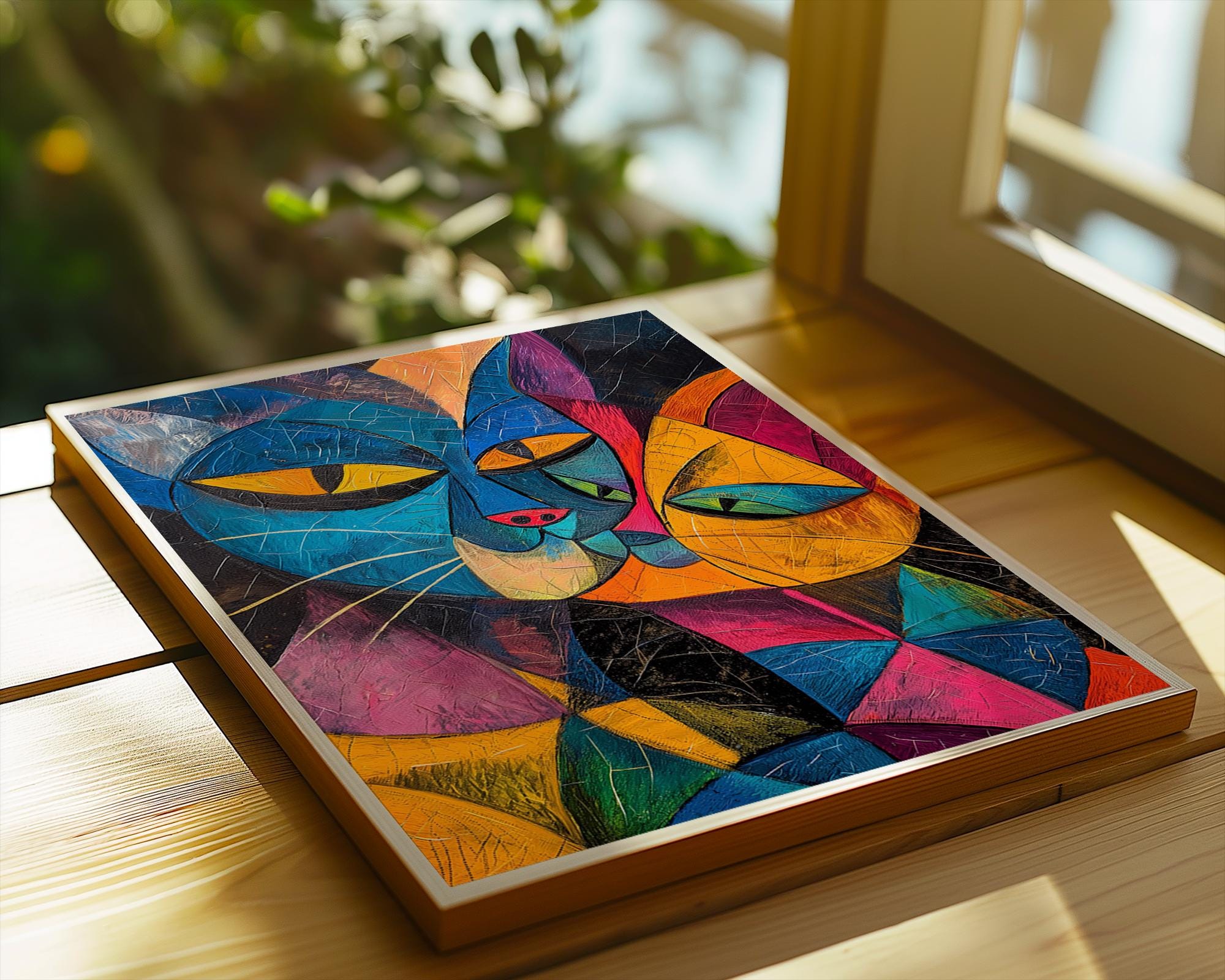 Cubist Cat Art Print | Colourful Geometric Feline Home Decor wall art print, modern home decor, unframed artwork by Nomad & Nest