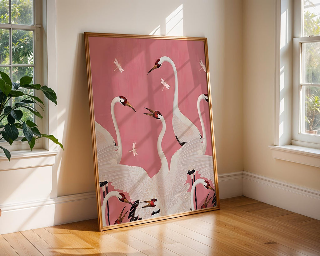 Crane and Dragonfly Art Print | Elegant Asian Decor wall art print, modern home decor, unframed artwork by Nomad & Nest