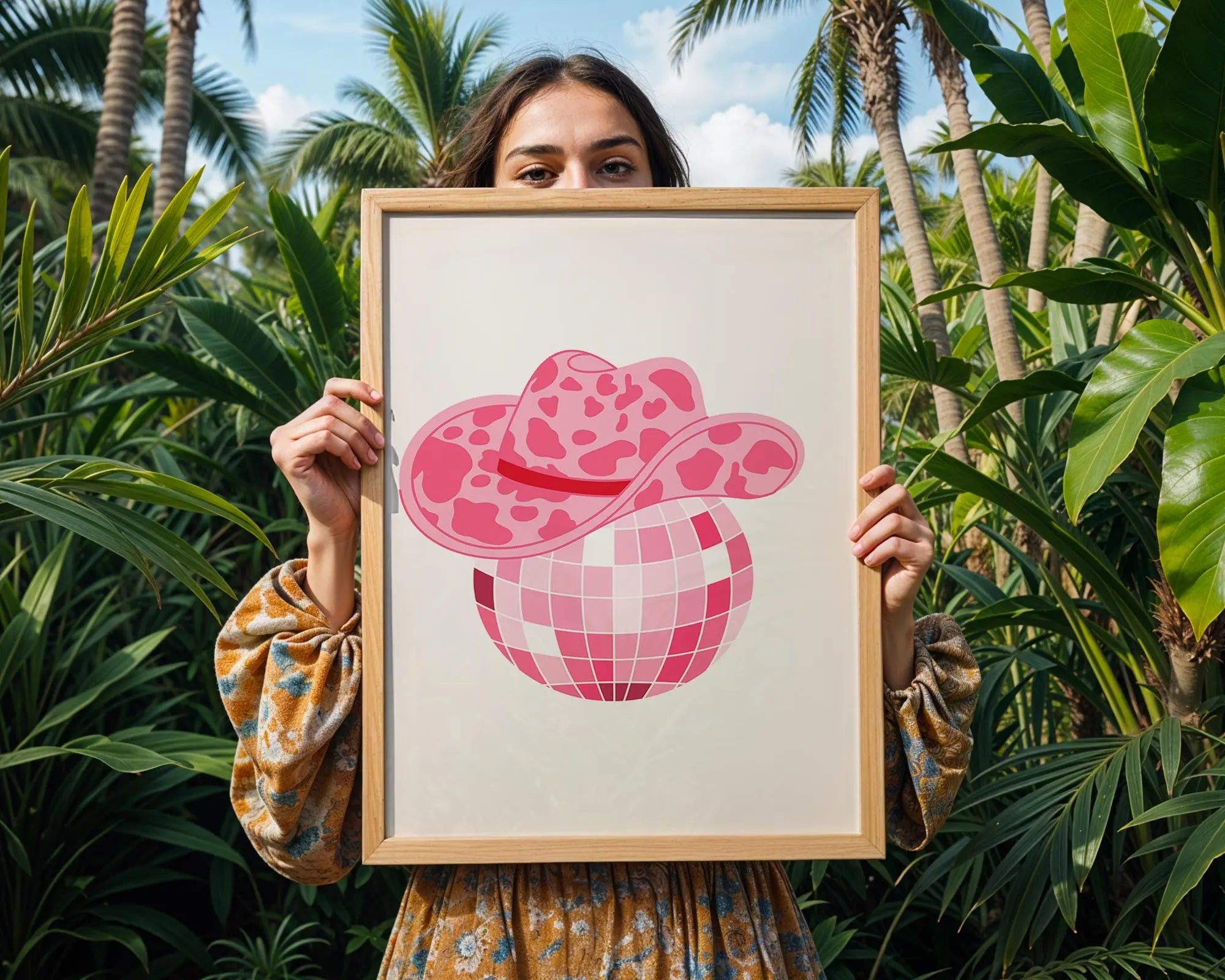Pink Disco Ball Cowboy Hat Print | Retro Cowgirl Wall Art wall art print, modern home decor, unframed artwork by Nomad & Nest