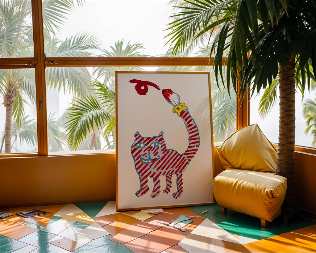 Striped Cat Wall Art | Whimsical Nursery Decor wall art print, modern home decor, unframed artwork by Nomad & Nest