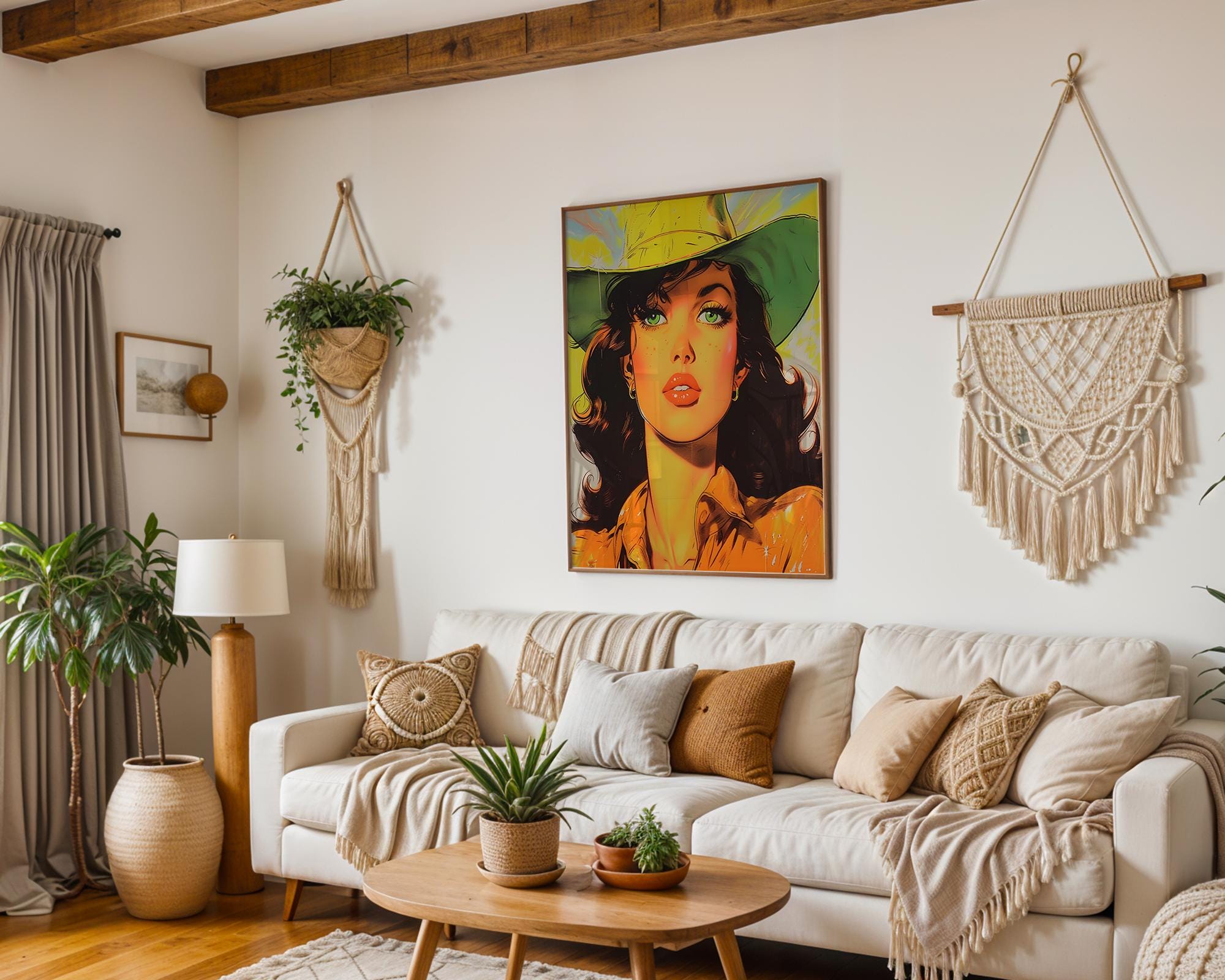 Modern Pop Art | Cowgirl Portrait | Retro Western Woman with Green Hat Poster wall art print, modern home decor, unframed artwork by Nomad & Nest