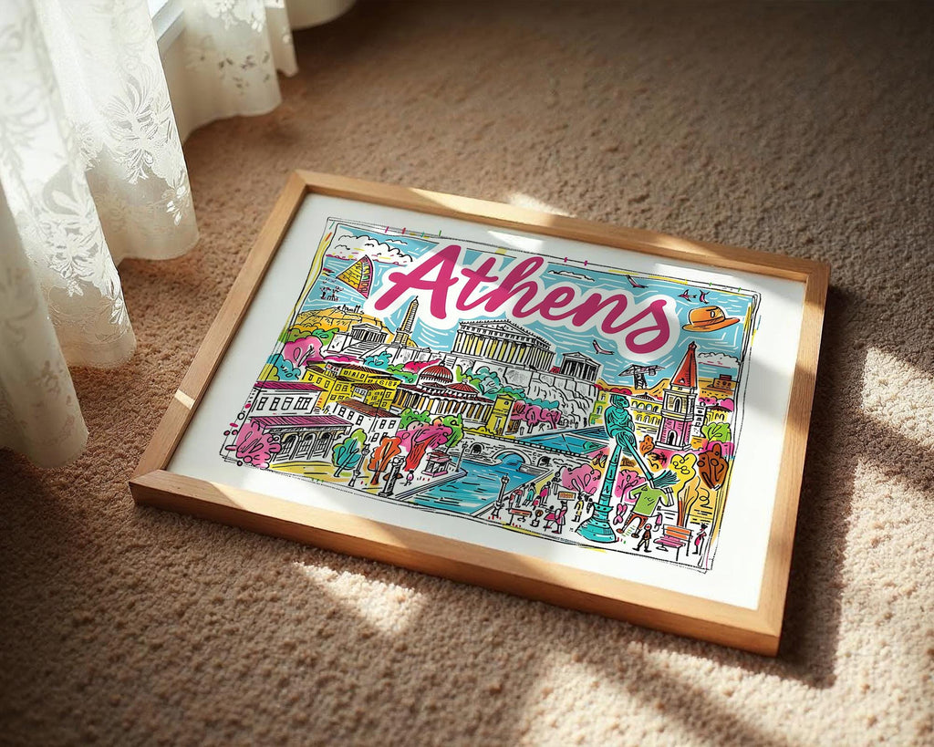 Athens Greece Travel Poster | Colorful Parthenon Art Print wall art print, modern home decor, unframed artwork by Nomad & Nest