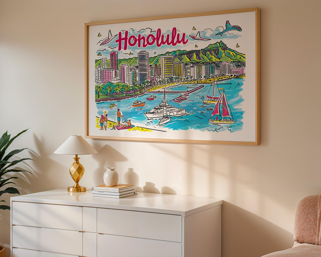 Honolulu Hawaii Art Print | Waikiki Beach Travel Poster wall art print, modern home decor, unframed artwork by Nomad & Nest