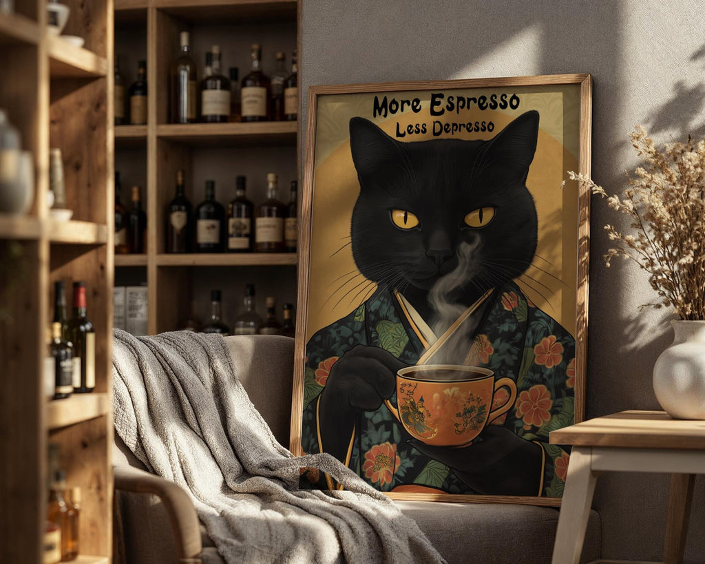 Japanese Poster | Black Cat Espresso Print –  Kimono Feline wall art print, modern home decor, unframed artwork by Nomad & Nest