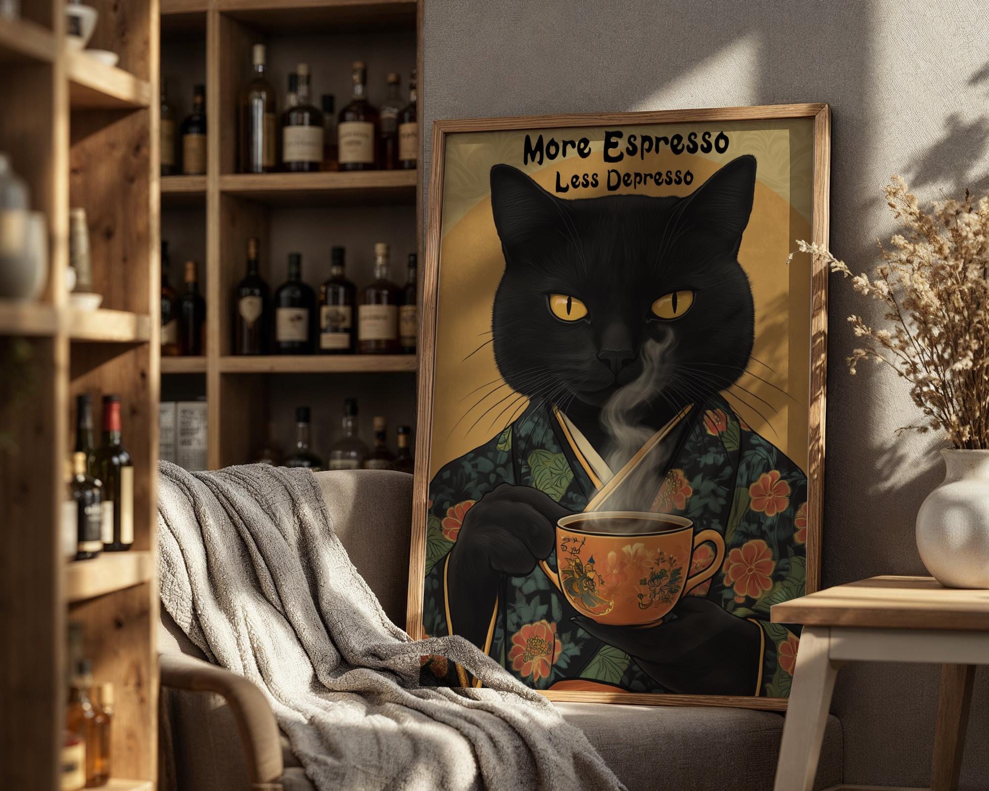 Japanese Poster | Black Cat Espresso Print –  Kimono Feline wall art print, modern home decor, unframed artwork by Nomad & Nest