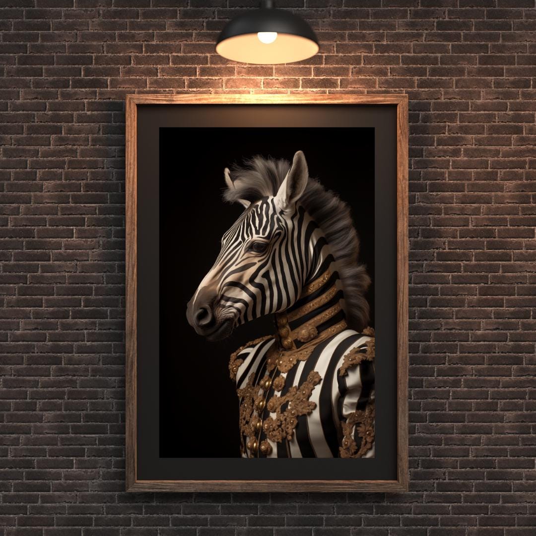 Zebra Portrait Print | Gold Military Jacket Animal Wall Art wall art print, modern home decor, unframed artwork by Nomad & Nest