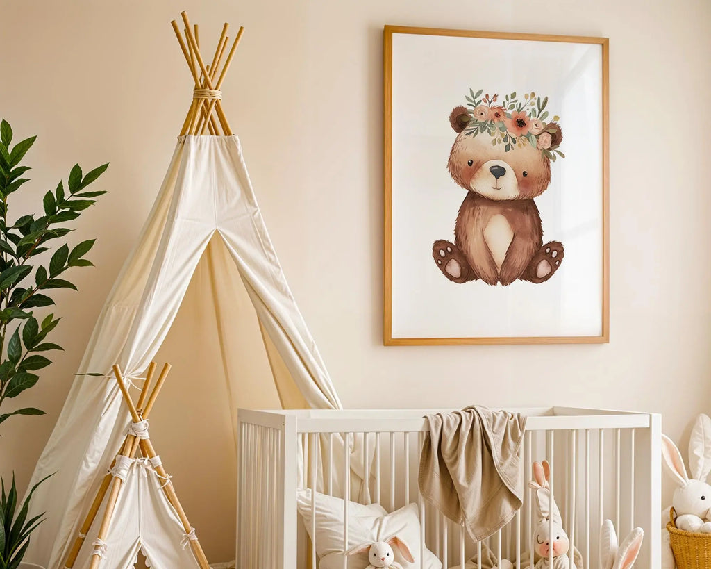 Playroom Ideas | Boho Bear Nursery Wall Art | Flower Crown Animal Baby Decor wall art print, modern home decor, unframed artwork by Nomad & Nest