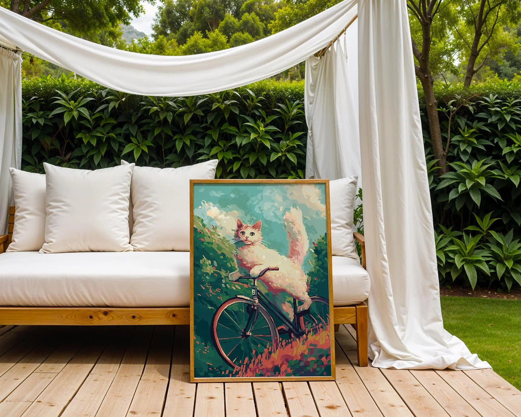 Cat on Bicycle Art Print | Retro Whimsical Illustration wall art print, modern home decor, unframed artwork by Nomad & Nest