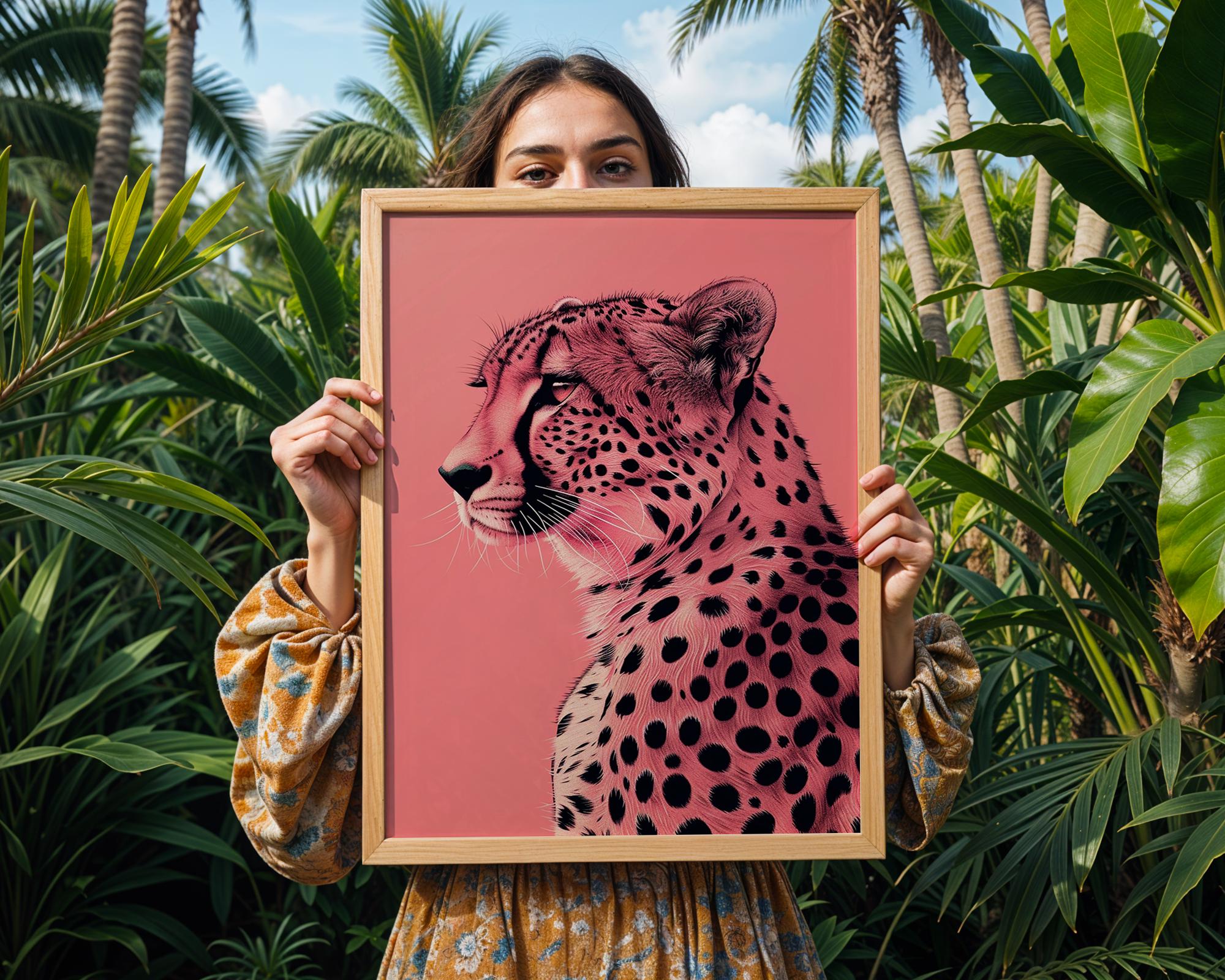 Colourful Prints | Pink Leopard Print | Graphic Jungle Cat on Coral wall art print, modern home decor, unframed artwork by Nomad & Nest