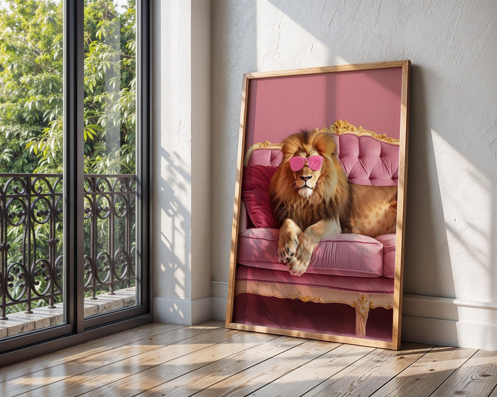 Colourful Prints | Funny Lion Art Print | Pink Sunglasses, Eclectic Home Decor wall art print, modern home decor, unframed artwork by Nomad & Nest