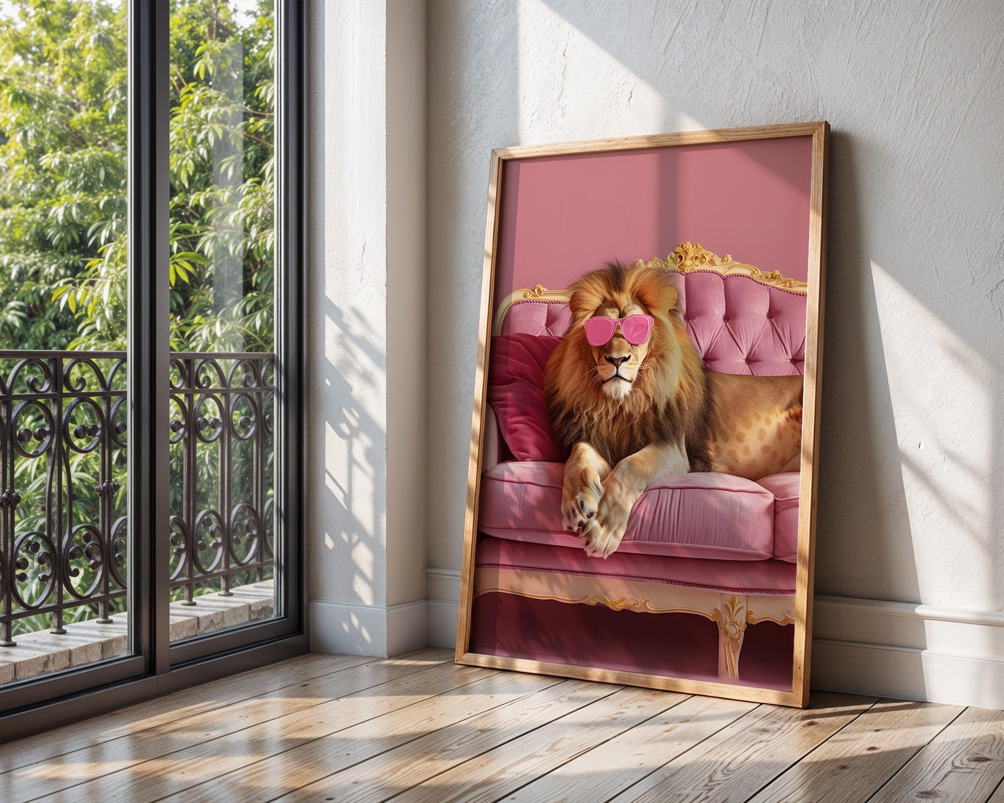 Colourful Prints | Funny Lion Art Print | Pink Sunglasses, Eclectic Home Decor wall art print, modern home decor, unframed artwork by Nomad & Nest