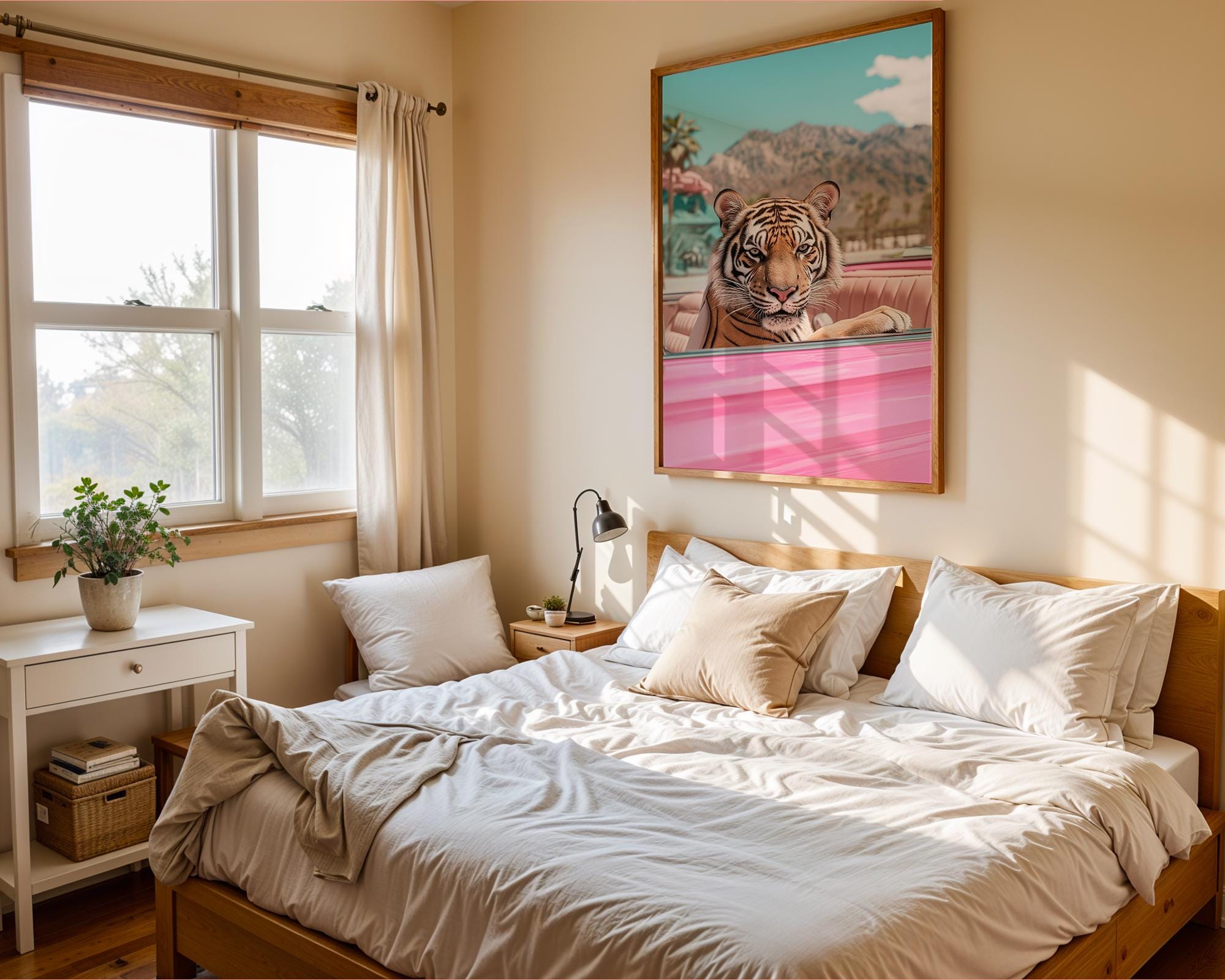 Tiger in Pink Convertible Print | Retro Palm Springs Wall Art wall art print, modern home decor, unframed artwork by Nomad & Nest