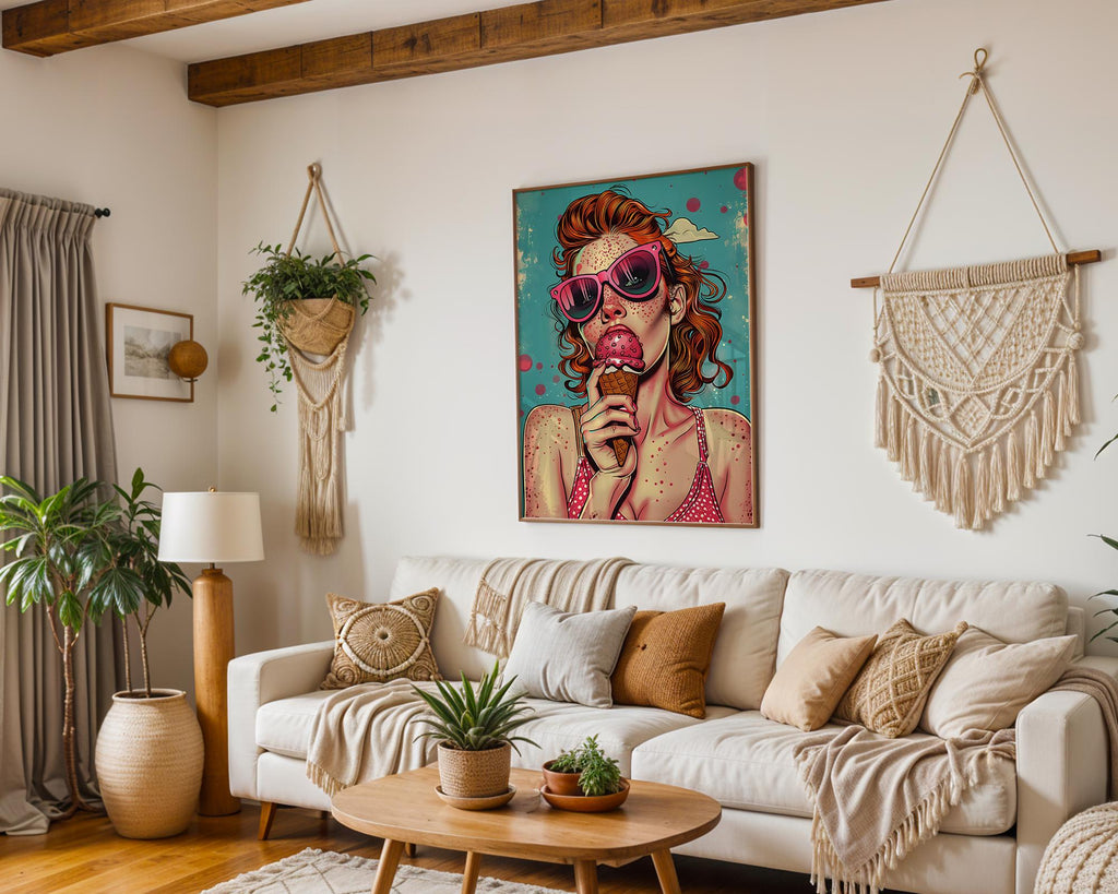 Modern Pop Art | Woman with Ice Cream Print | Retro Summer Illustration wall art print, modern home decor, unframed artwork by Nomad & Nest