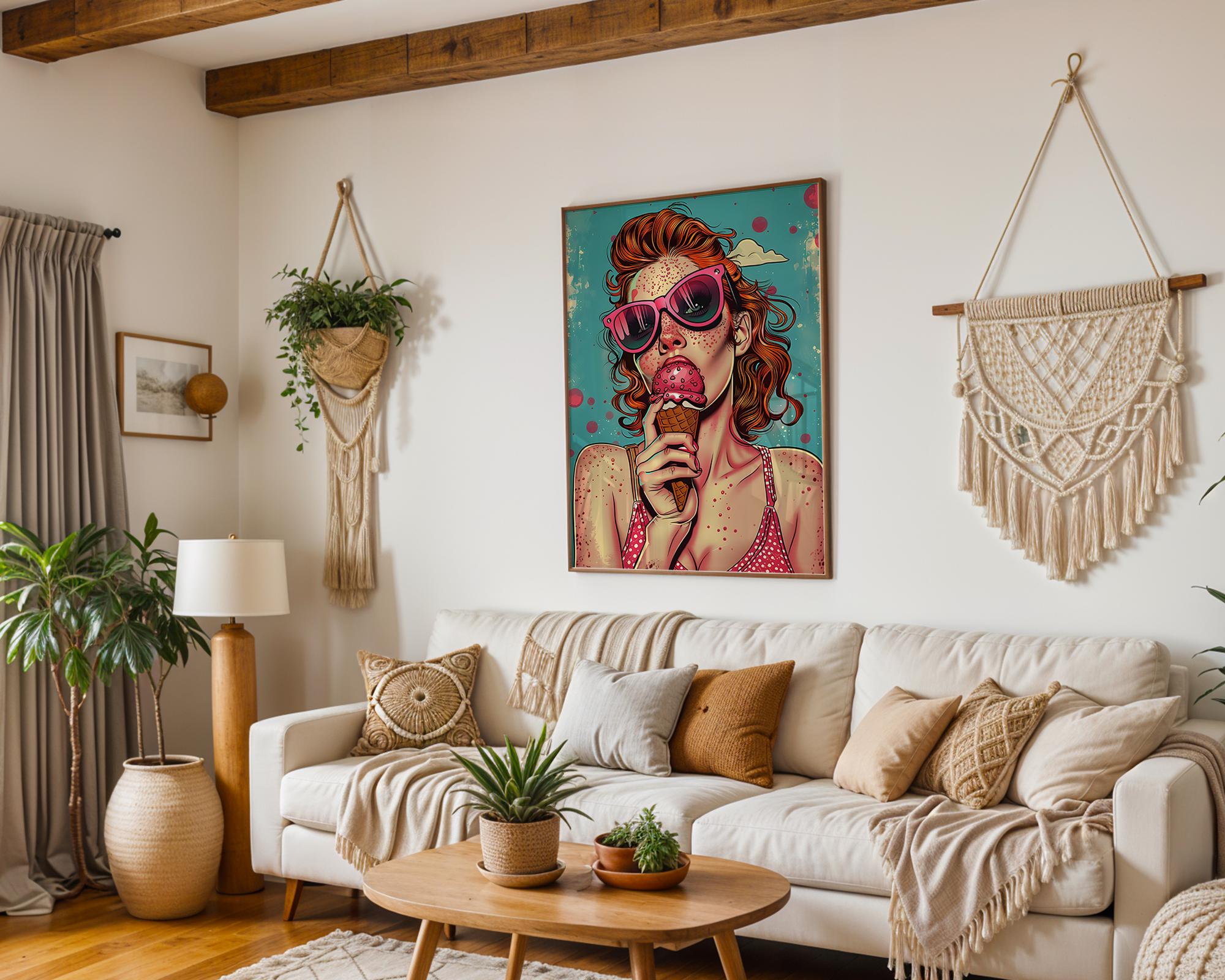 Modern Pop Art | Woman with Ice Cream Print | Retro Summer Illustration wall art print, modern home decor, unframed artwork by Nomad & Nest