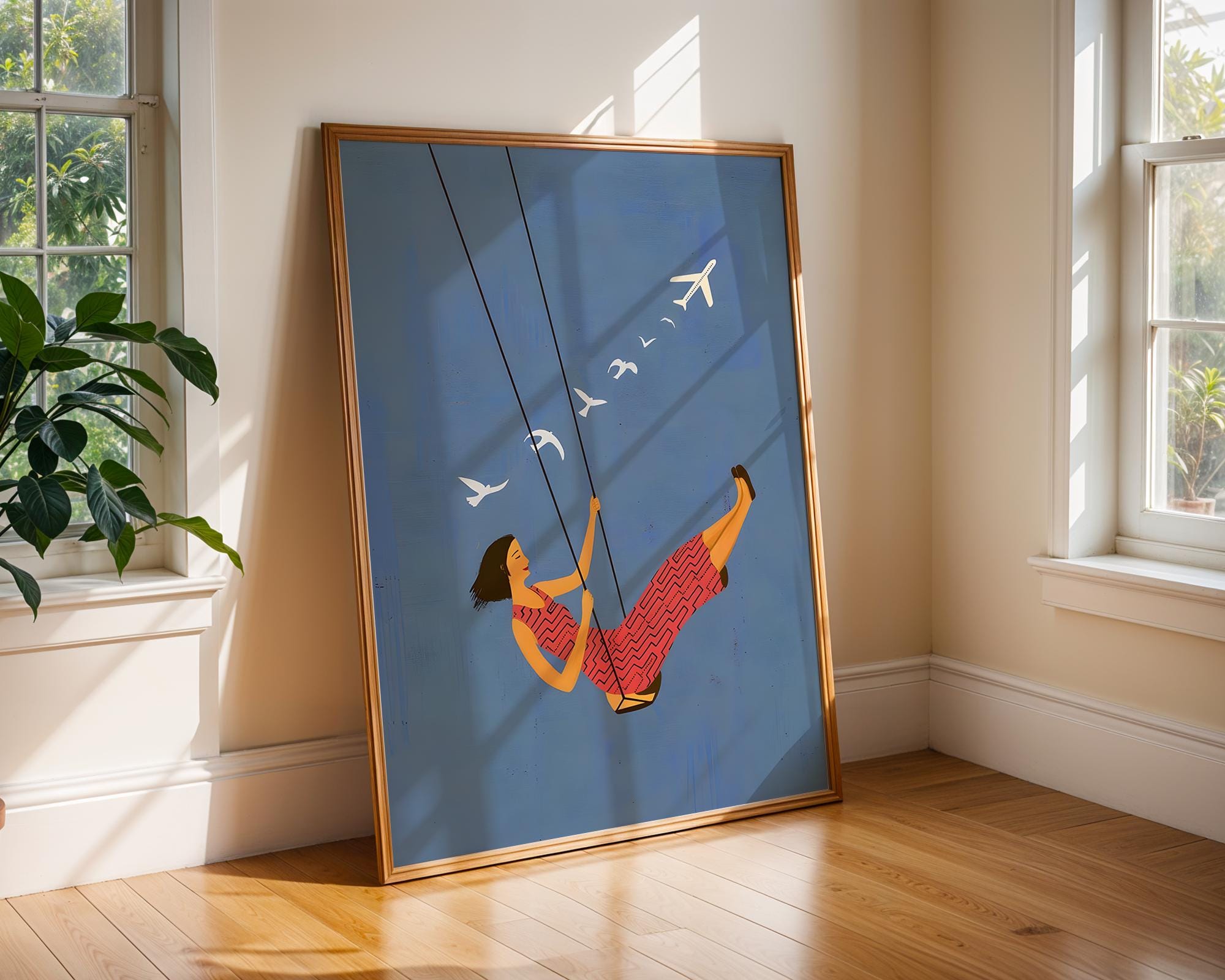 Woman on Swing Art Print | Dreamy Blue Sky Wall Decor wall art print, modern home decor, unframed artwork by Nomad & Nest
