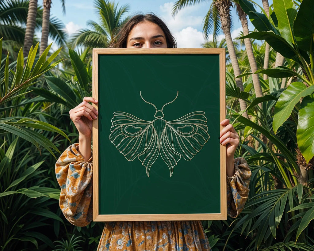 Gold Moth Line Art Print | Modern Green Insect Illustration wall art print, modern home decor, unframed artwork by Nomad & Nest