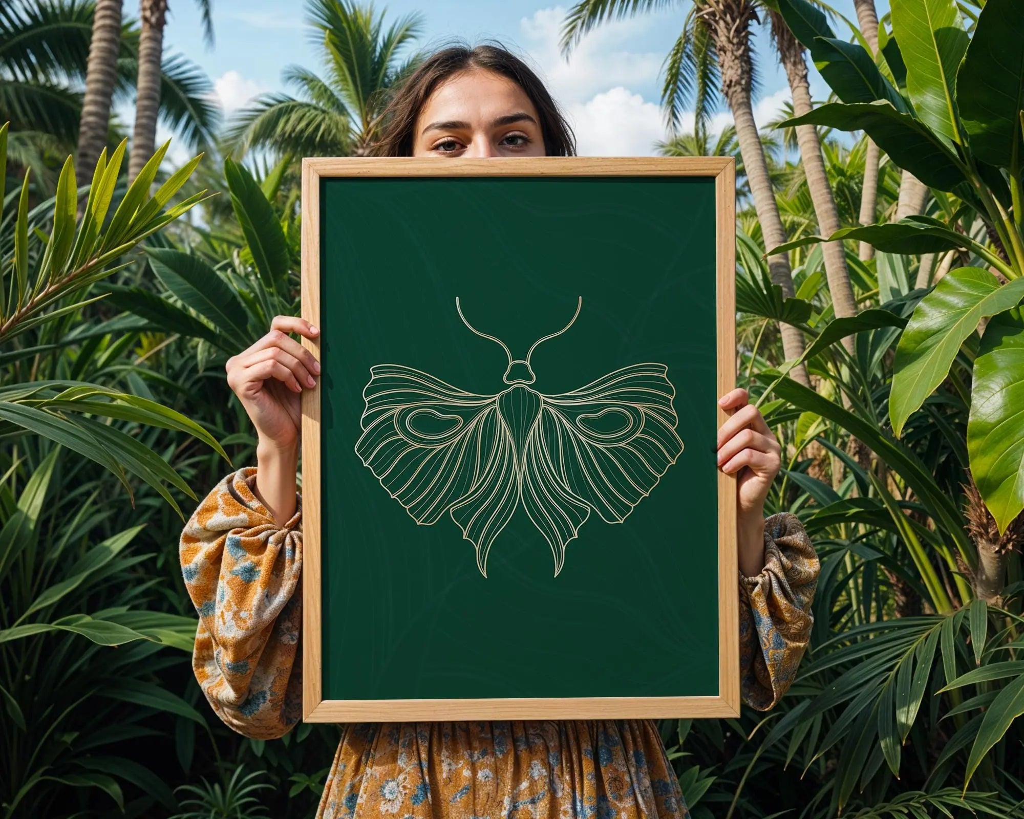 Gold Moth Line Art Print | Modern Green Insect Illustration wall art print, modern home decor, unframed artwork by Nomad & Nest