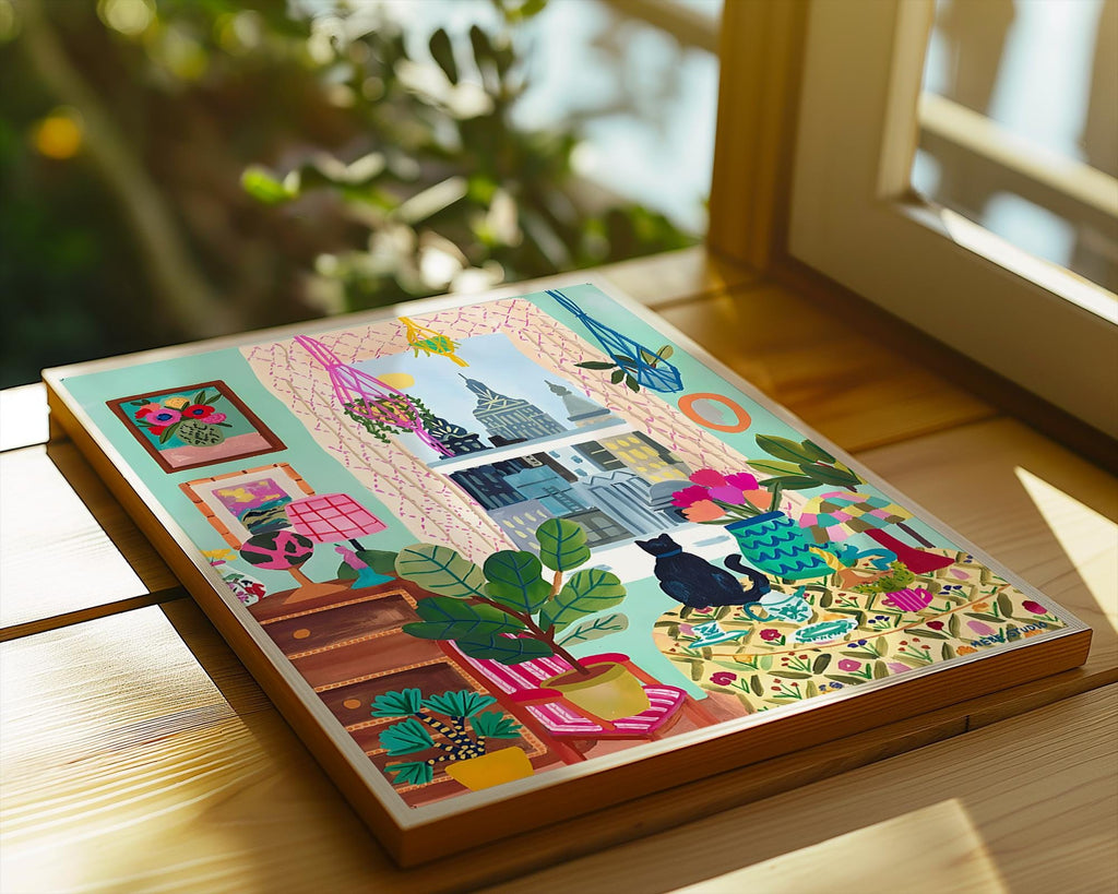 Cat by Window Art Print | Colorful Interior, Botanical Illustration wall art print, modern home decor, unframed artwork by Nomad & Nest