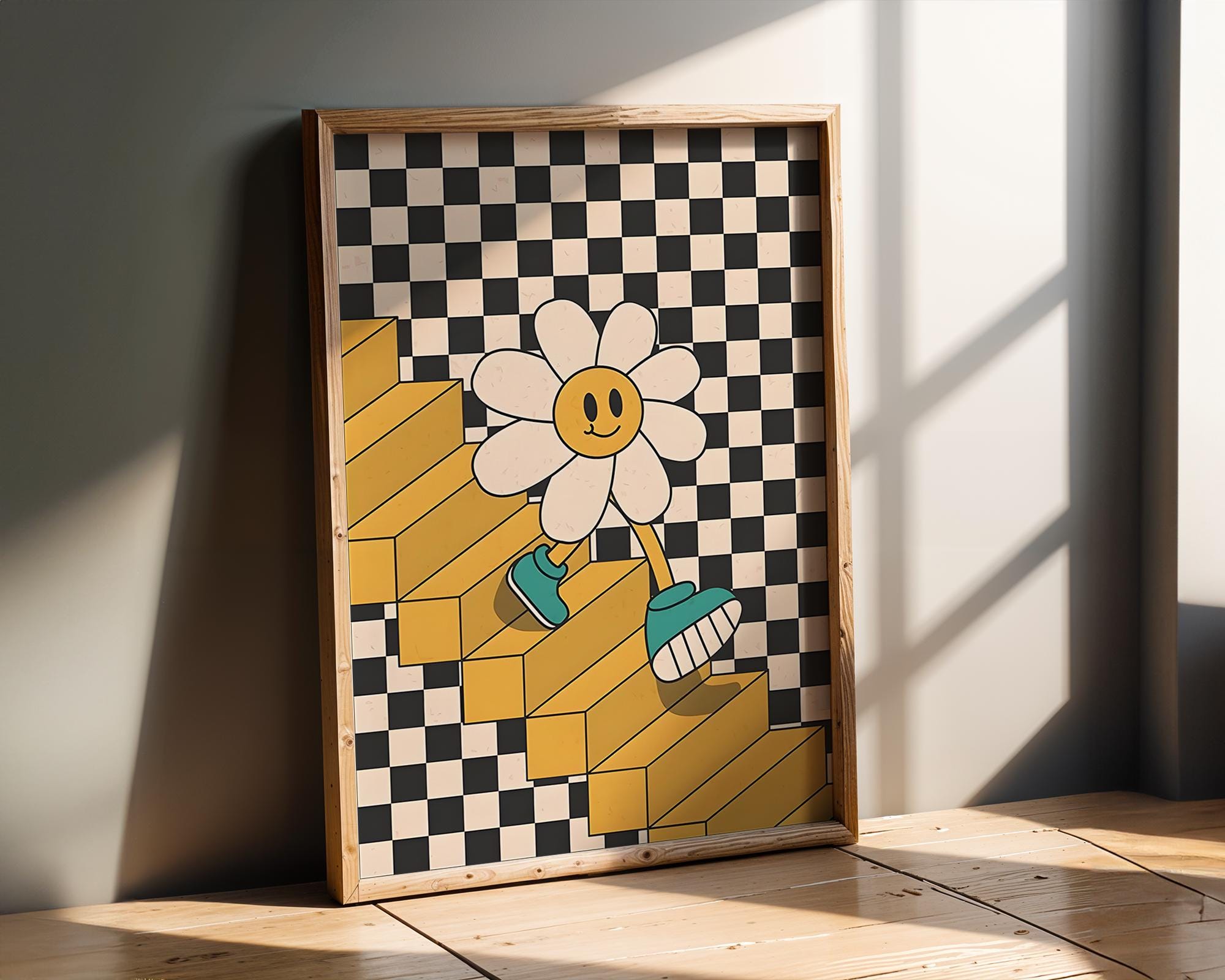 Modern Pop Art | Retro 70s Daisy Flower Print | Checkerboard Staircase  Poster wall art print, modern home decor, unframed artwork by Nomad & Nest
