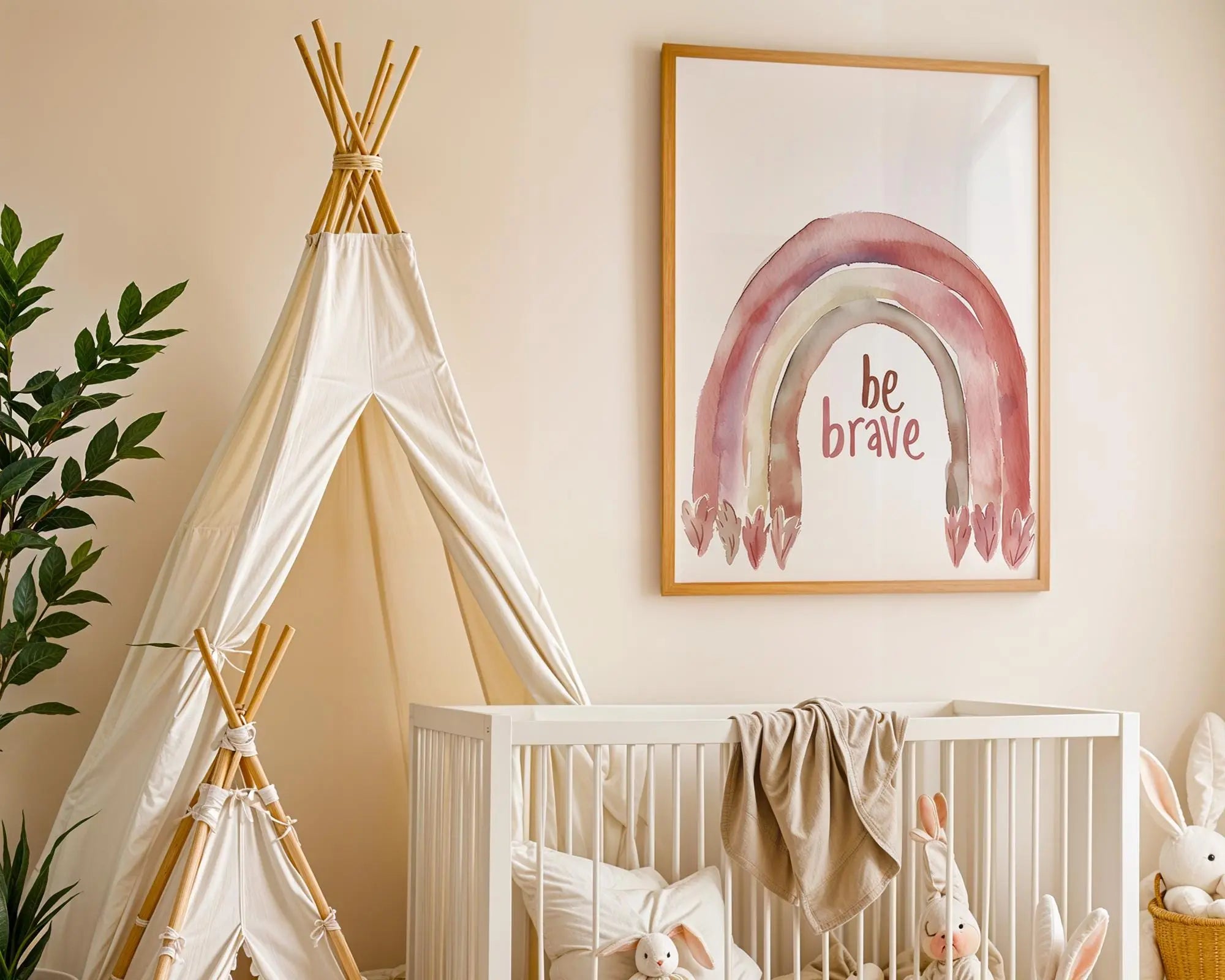 Playroom Ideas | Be Brave Rainbow Nursery Art | Boho Motivational Print wall art print, modern home decor, unframed artwork by Nomad & Nest