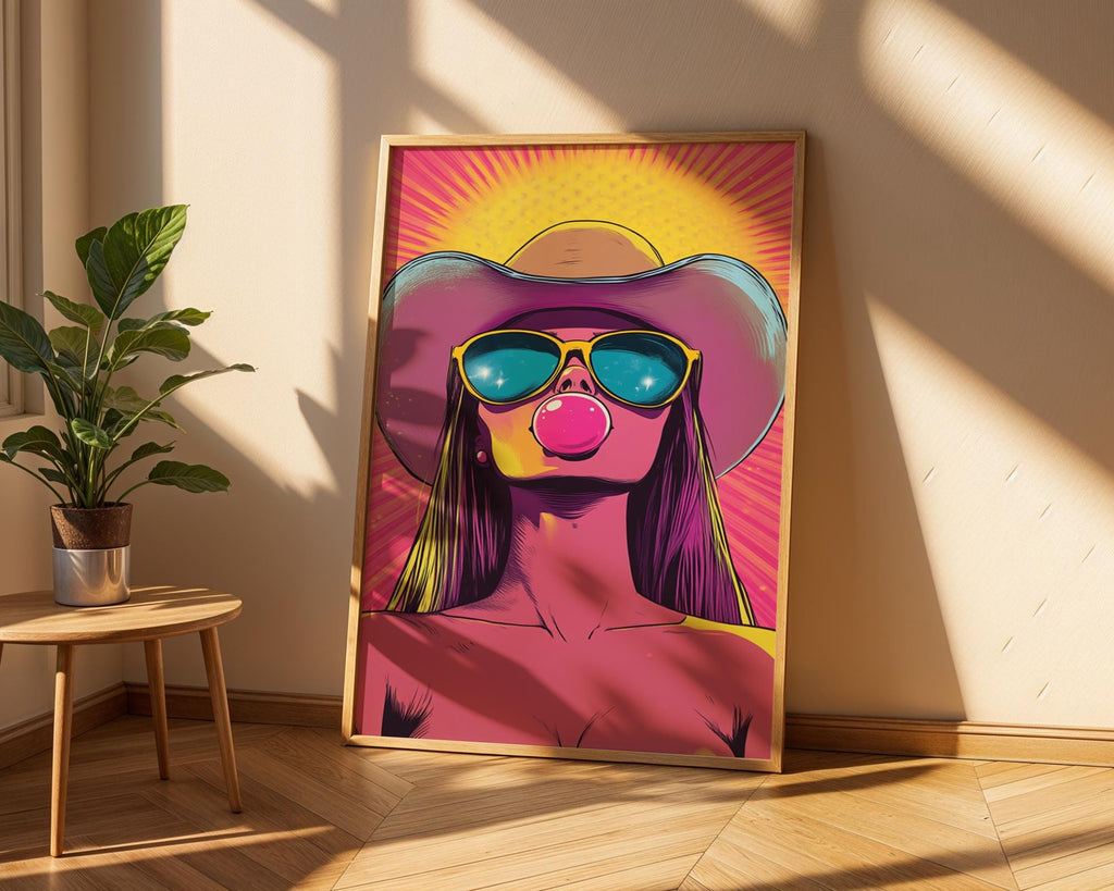 Pop Art Cowgirl Print | Hot Pink Bubble Gum Poster wall art print, modern home decor, unframed artwork by Nomad & Nest
