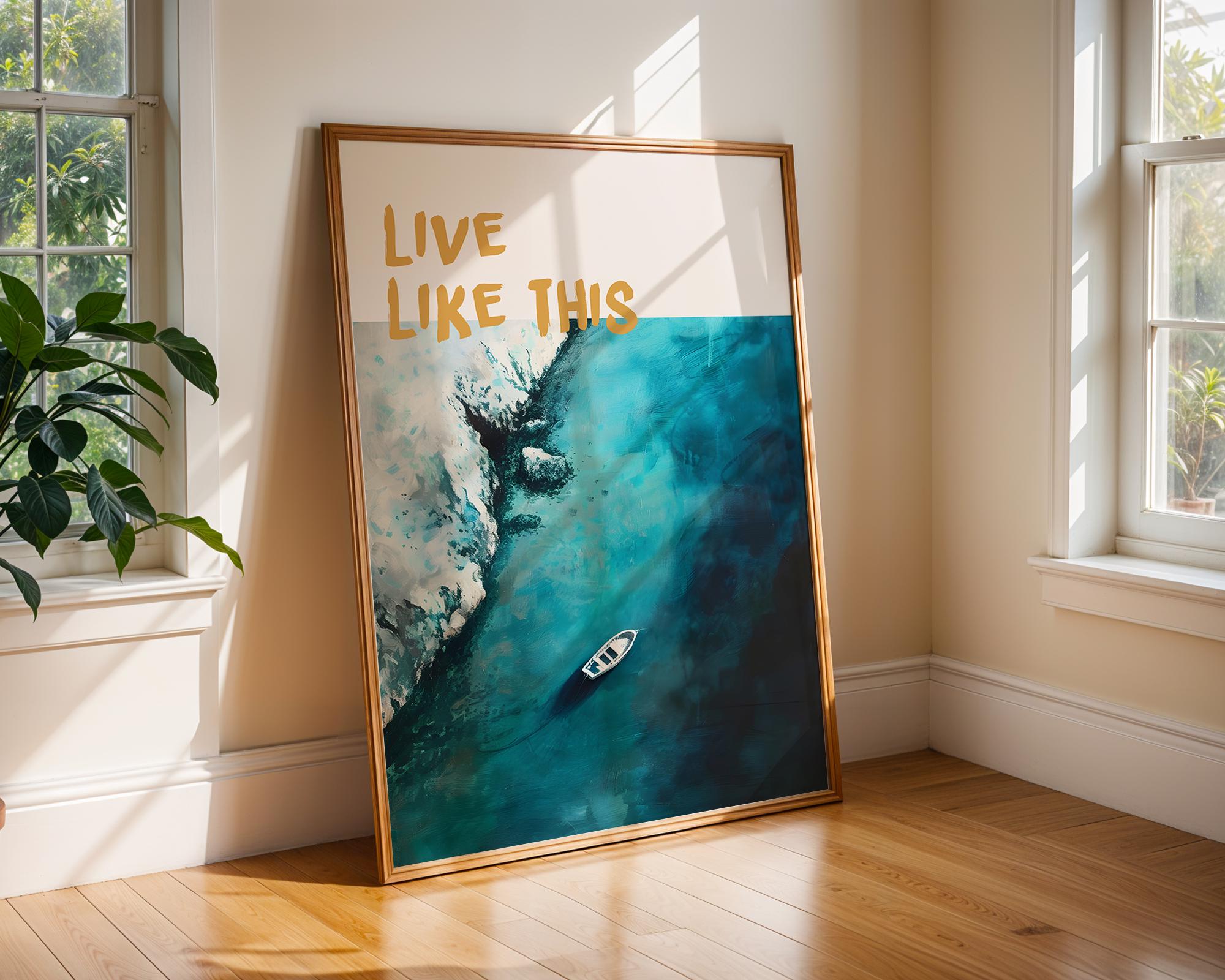 Colourful Prints | Aerial Boat Turquoise Ocean Art Print | Coastal Travel Poster wall art print, modern home decor, unframed artwork by Nomad & Nest