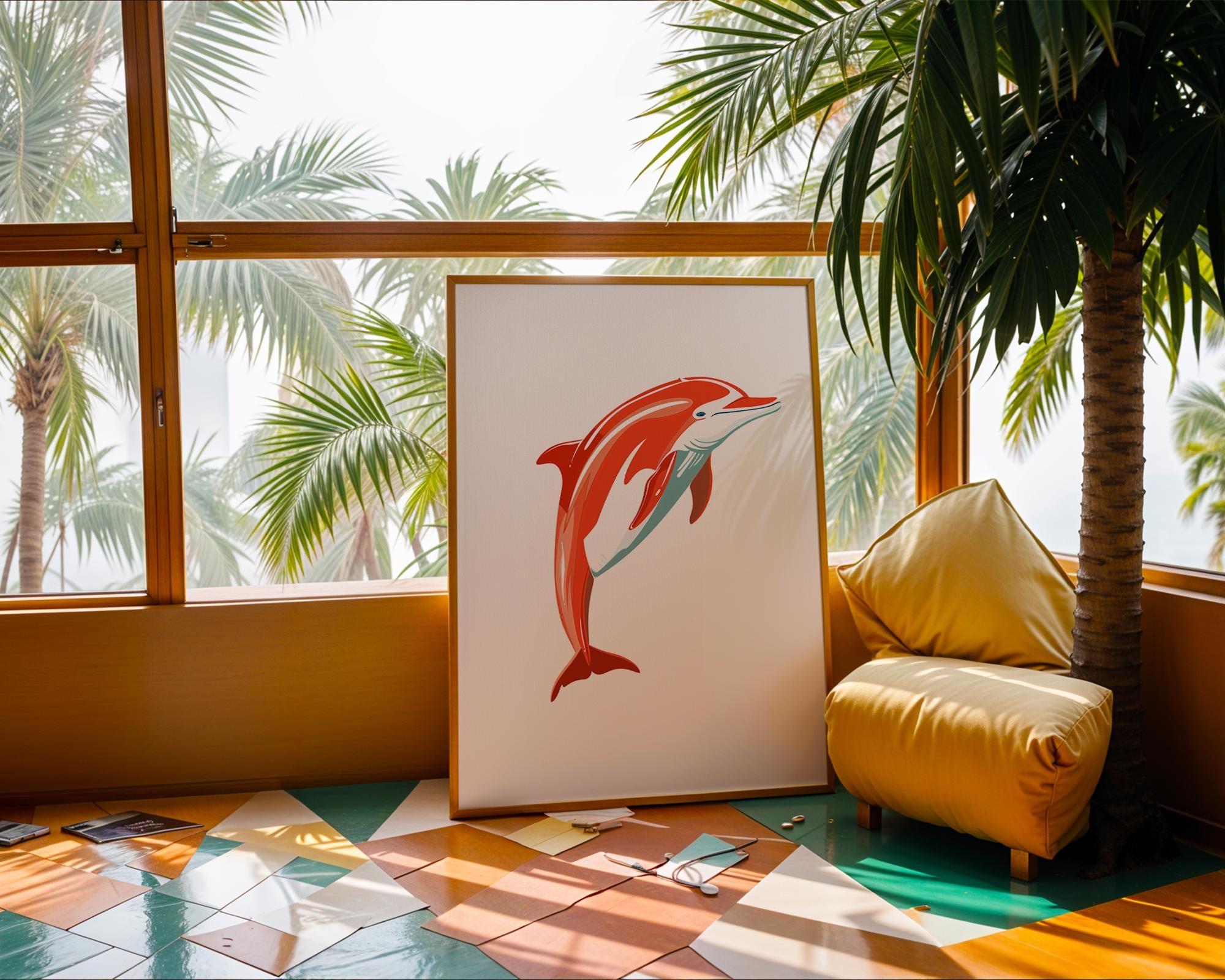 Red Dolphin Print | Playful Sea Mammal Wall Art wall art print, modern home decor, unframed artwork by Nomad & Nest